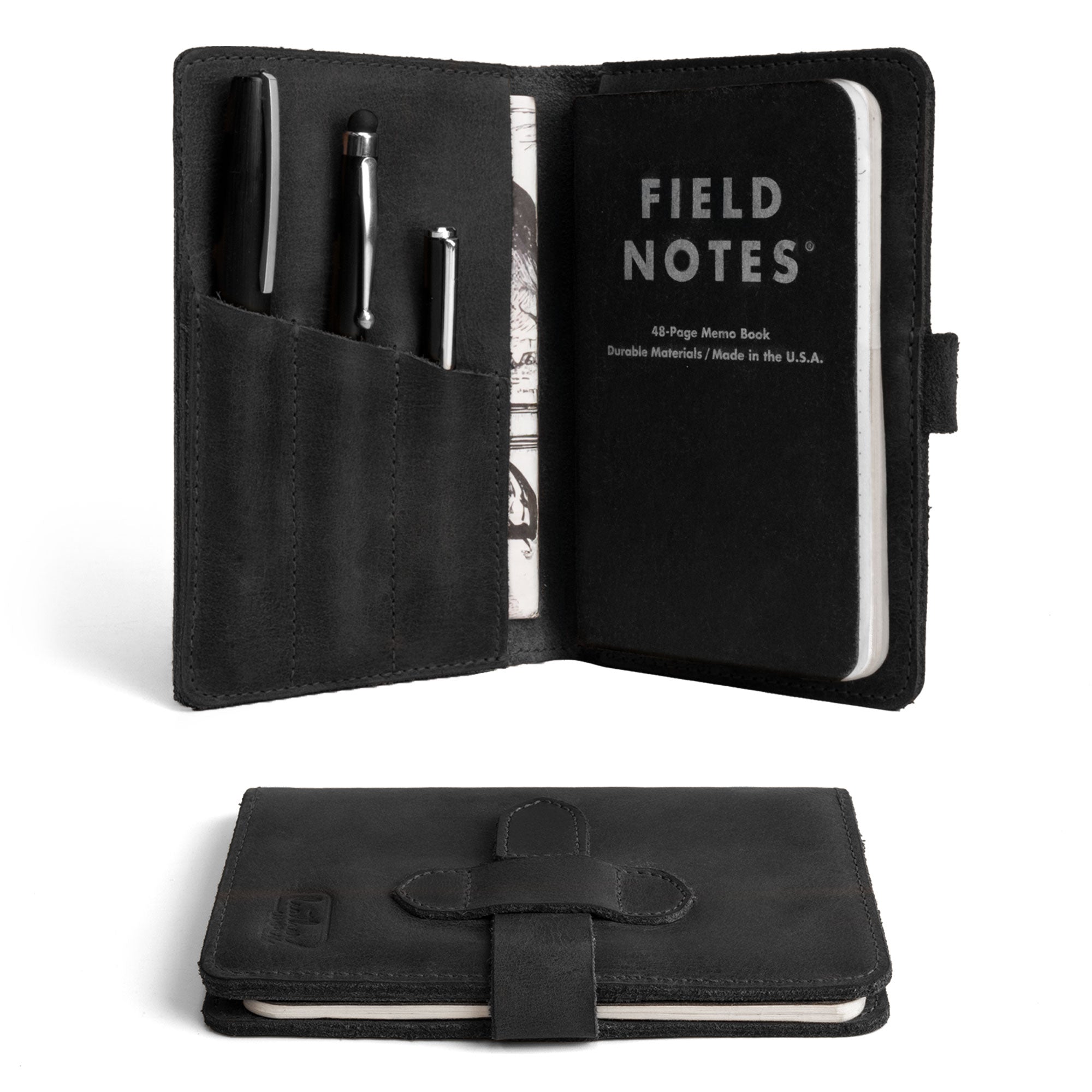 Leather Worx Field Notes Cover 3.5 x 5.5 in. Cover with Pen Slots in black, showcasing a sleek aesthetic. This Full Grain Leather Cover for Field Notes (3.5 x 5.5 in.) with Pen Slots, is the perfect notebook case combining functionality with style. Made with artisan craftsmanship, this piece is handmade in La Antigua Guatemala and Oaxaca Mexico.