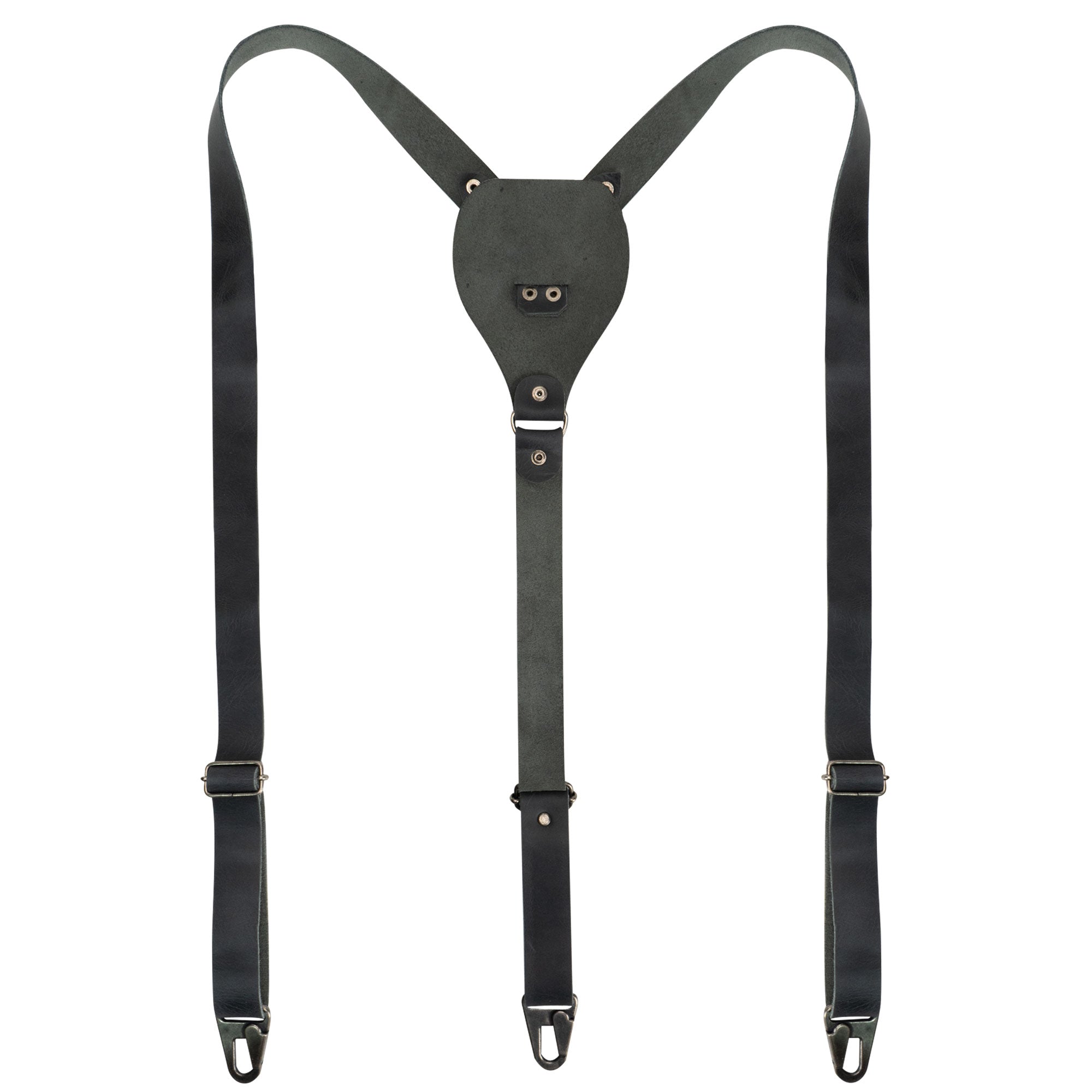Stylish green and black Drop Shaped Suspenders by Hide & Groom made from Full Grain Leather; featuring adjustable size straps for men, hand cut and sewn in La Antigua Guatemala & Oaxaca Mexico.