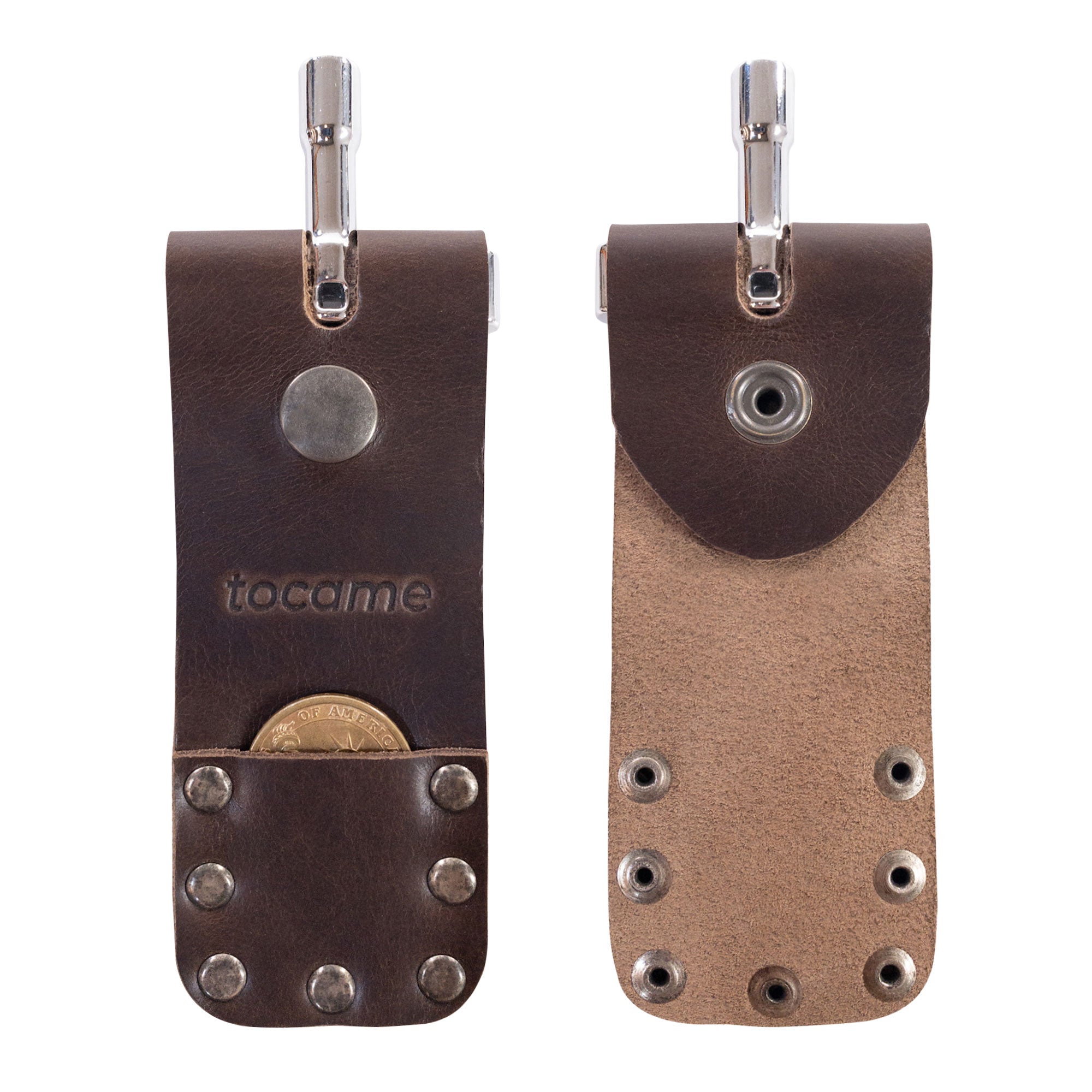 Set of 2 Flip Sleeves for Mute Drum Key Tool, Tuner & Dampener (Drum Key and Coin Not Included) by tocame, showcasing full grain leather design with a coin pocket and sturdy snap closure. This artisan-crafted accessory is handmade in La Antigua Guatemala, featuring small batch production and fire branded details.