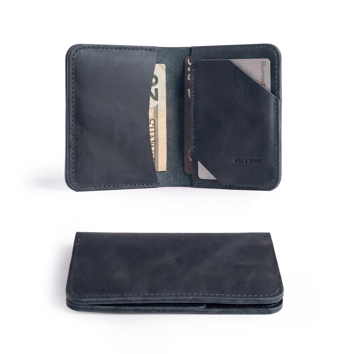 A stylish brown Bi-Fold Card Wallet Diagonal by Hide & Drink featuring high-quality full grain leather, perfect for cash organization in a minimalist design.