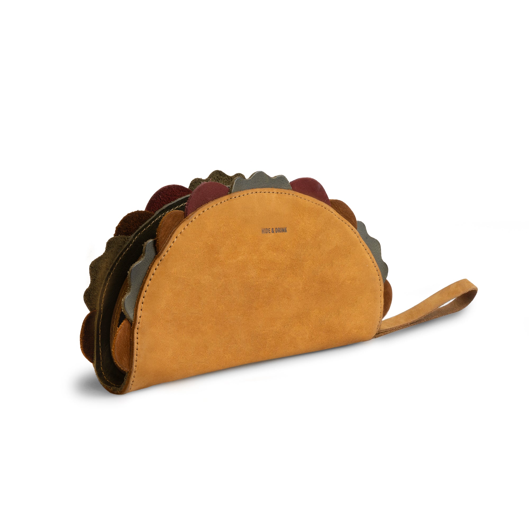 Multipurpose Taco Wallet by Hide & Drink, featuring a unique taco design made from Full Grain Leather, perfect for your Accessories Collection. Ideal for travel and back-to-school needs, this fun creation is a great addition to any gifts collection, especially for graduation or gifts for him. Crafted with durable materials, this stylish wallet is a must-have in the wallets and women's collection.