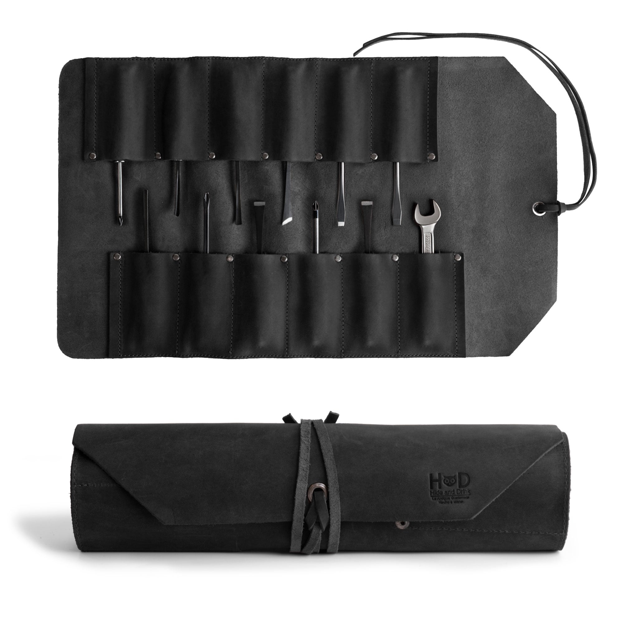 Hide & Drink Tool Roll (12 Pockets): Intimate look at the flexible layers of the leather tool roll, designed for easy access and optimal organization. Tool Bag Roll Up, 12 Slot Heavy Duty Tool Roll Bag Organizer, Tool Roll Up Bag, Portable Tool Wrap Roll Bags for Travel, Durable Tool Kit Folding Tool Pouch Roll Up Mechanic Gifts for Men, Full Grain Leather, StockyardX, Small Batch Production, Hand Cut, Hand Sewn, Fire Branded, Artisan, Handmade in La Antigua Guatemala & Oaxaca Mexico.