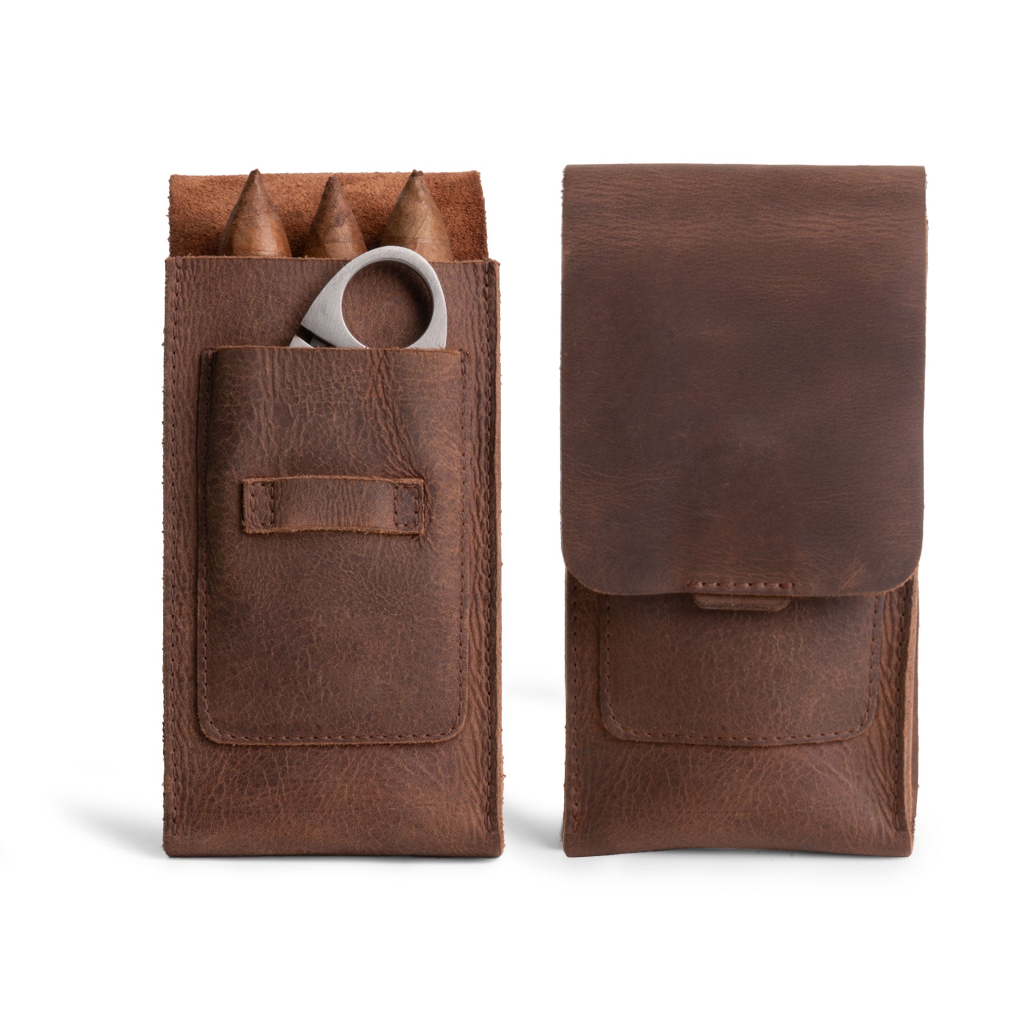 Hide & Drink's Triple Cigar Holder with Cutter Slot, featuring a rustic design that holds 3 cigars. This travel leather cigar case is a perfect portable accessory, showcasing full grain leather craftsmanship. Ideal gift for men, handmade in La Antigua Guatemala & Oaxaca Mexico.