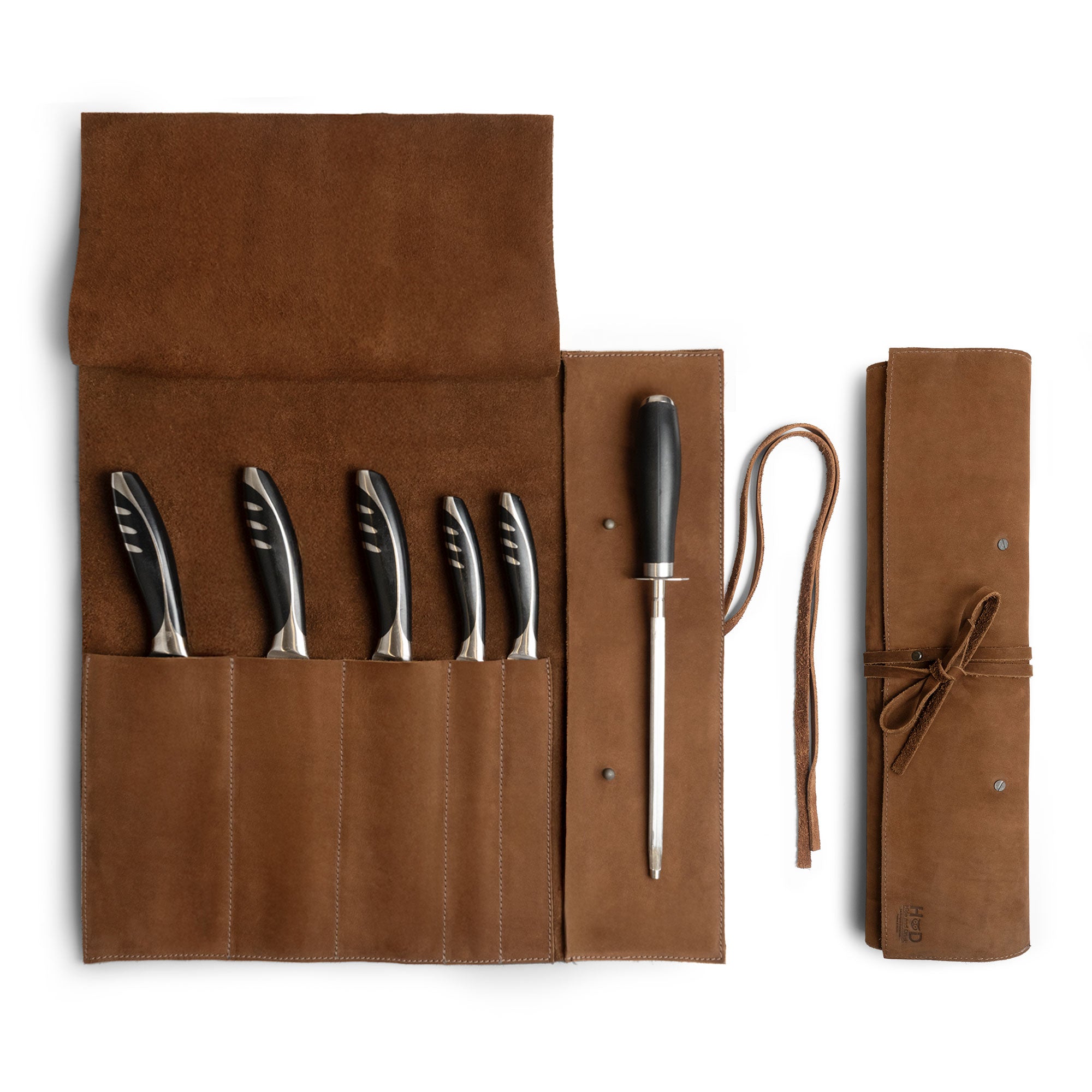 Hide & Drink Knife Roll (5 Pockets) made from Full Grain Leather, designed as a Chef Knife Bag. This portable carrying case for knives beautifully reflects artisan craftsmanship through small batch production, hand cut, and hand sewn detailing. Perfect for culinary tools, handmade in La Antigua Guatemala & Oaxaca Mexico.