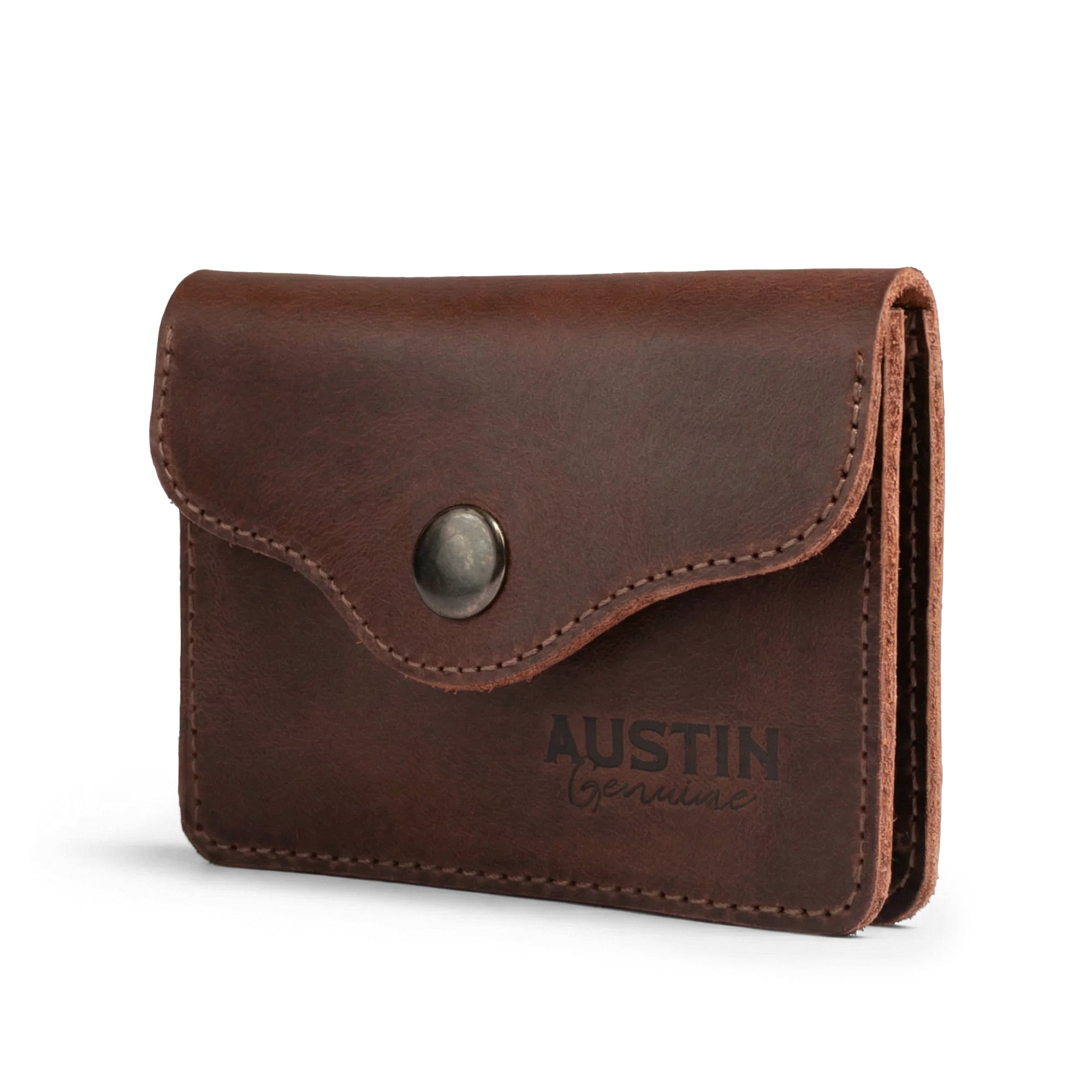 The Hyde Card Wallet by Austin Genuine showcases a sleek design made of full grain leather, emphasizing artisan craftsmanship through small batch production in La Antigua Guatemala & Oaxaca Mexico.