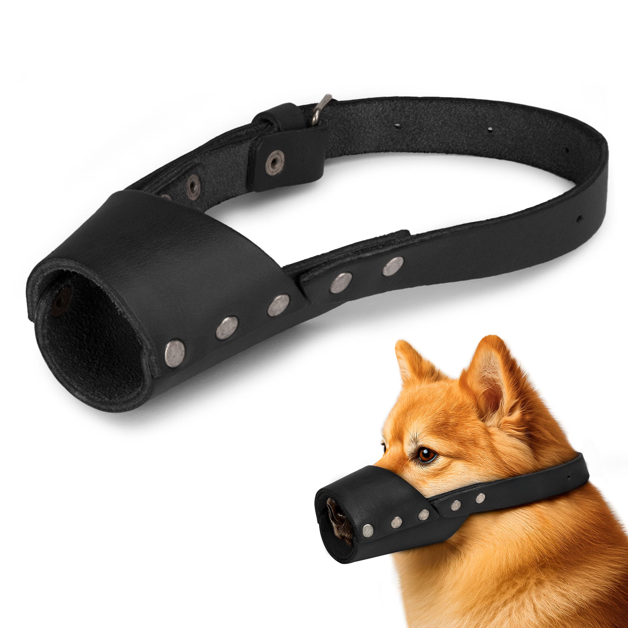 Riveted Dog Muzzle by Hide & Drink available in black, emphasizing its durability and secure fit for dogs. Designed to prevent biting and chewing, this full grain leather muzzle guard is perfect for breeds like Pitbulls and German Shepherds, handmade by artisans in La Antigua Guatemala & Oaxaca Mexico.