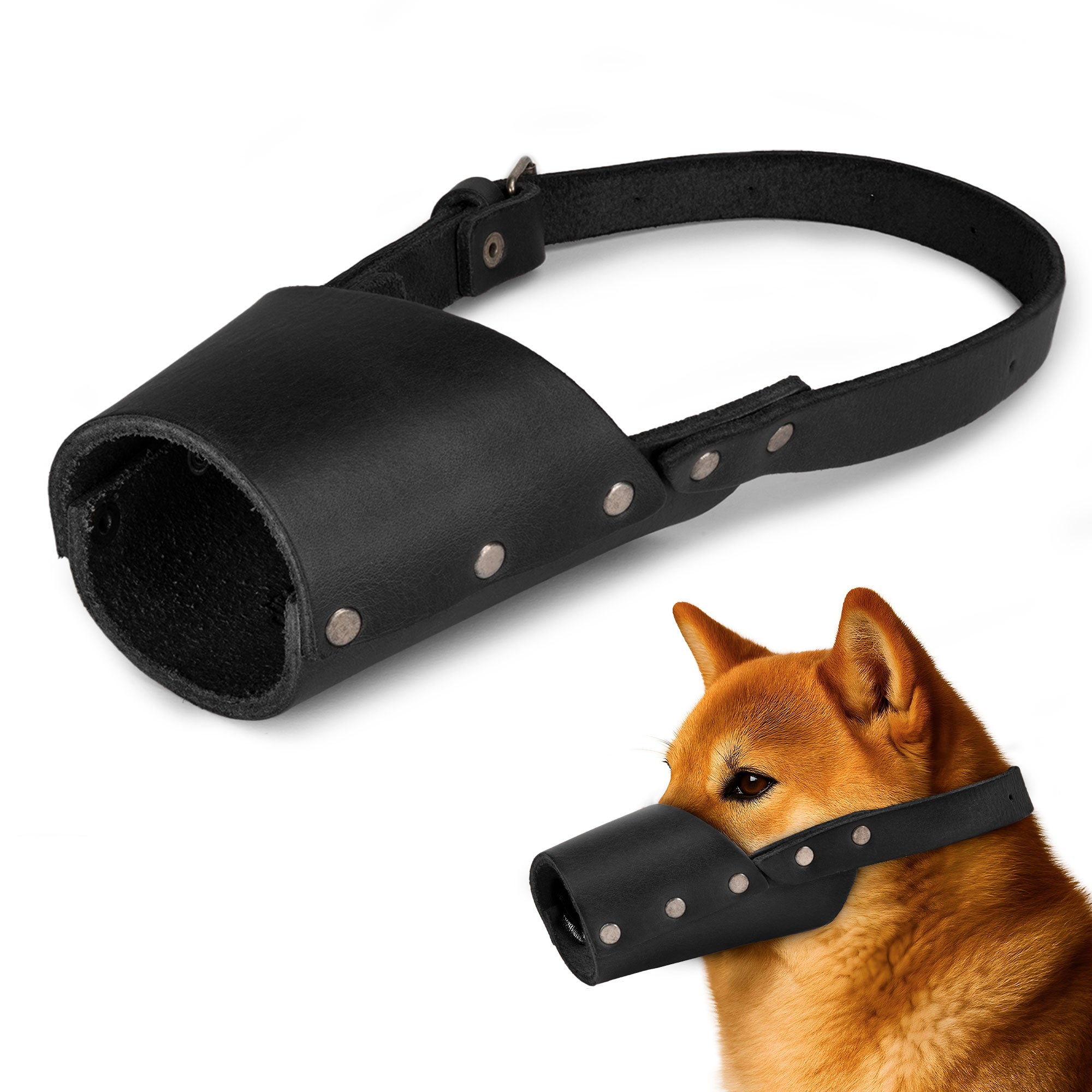 Riveted Dog Muzzle by Hide & Drink highlighted alongside branded merchandise, focusing on its artisan quality and secure design to prevent biting. This full grain leather dog muzzle guard is available in various sizes for breeds such as Pitbulls and German Shepherds, handmade in La Antigua Guatemala & Oaxaca Mexico.