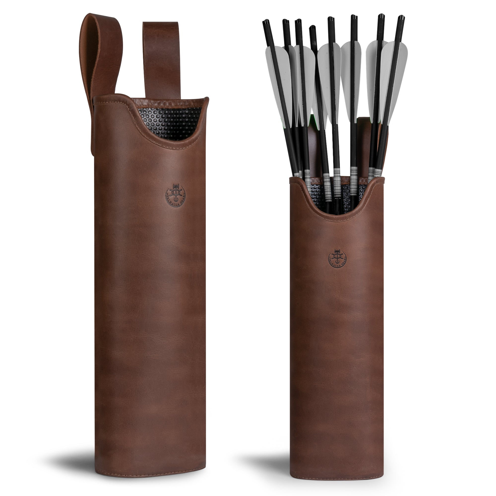 The Orval, Bolts Hip Quiver by Valhalla Gear showcases a stylish and functional design made from full grain leather. This unique crossbow quiver serves as a waist cross bolt case and hip arrow holder, perfect for hunters and archers. This handmade product reflects artisan craftsmanship with hand-cut and hand-sewn details, ideal for storing bolts securely while on outdoor adventures.
