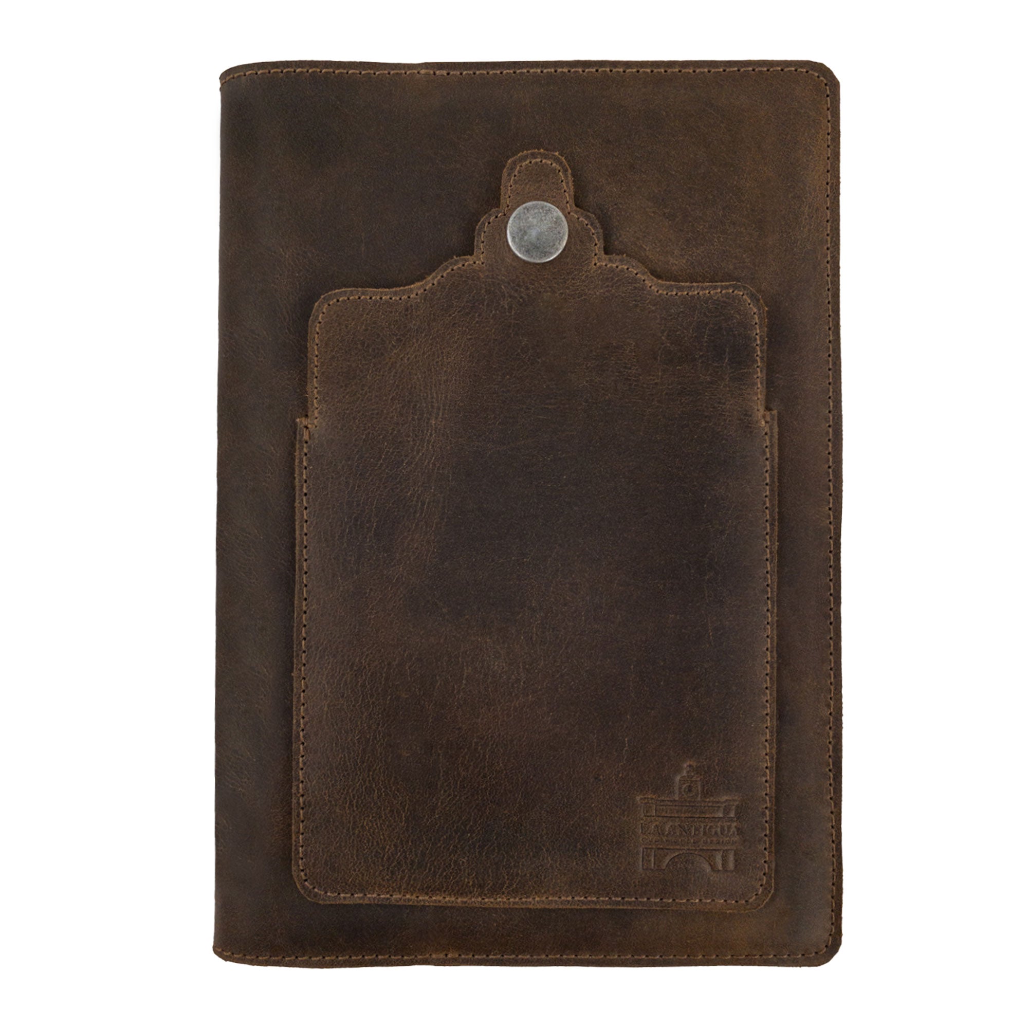 Rustic Journal Cover for Hardcover A5 Notebook by La Antigua, showcasing a stylish protective cover crafted from full grain leather. This case for the Hardcover Leuchtturm A5 (5.75 x 8.25 in.) Notebook offers a comfortable writing surface and features a small front pocket, perfect for storing essentials. Ideal writing accessory for journaling, personal planning, made with small batch production techniques in La Antigua Guatemala.