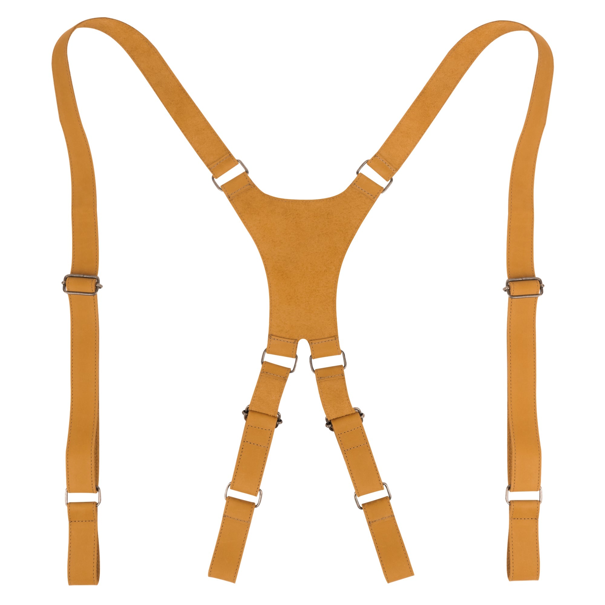 X Back Formal Suspenders by Hide & Groom in vibrant yellow leather, designed for a chic appearance. These suspenders ensure shoulder support and complement any wedding outfit for grooms. Each is meticulously handmade with small batch production processes in mind in La Antigua Guatemala.