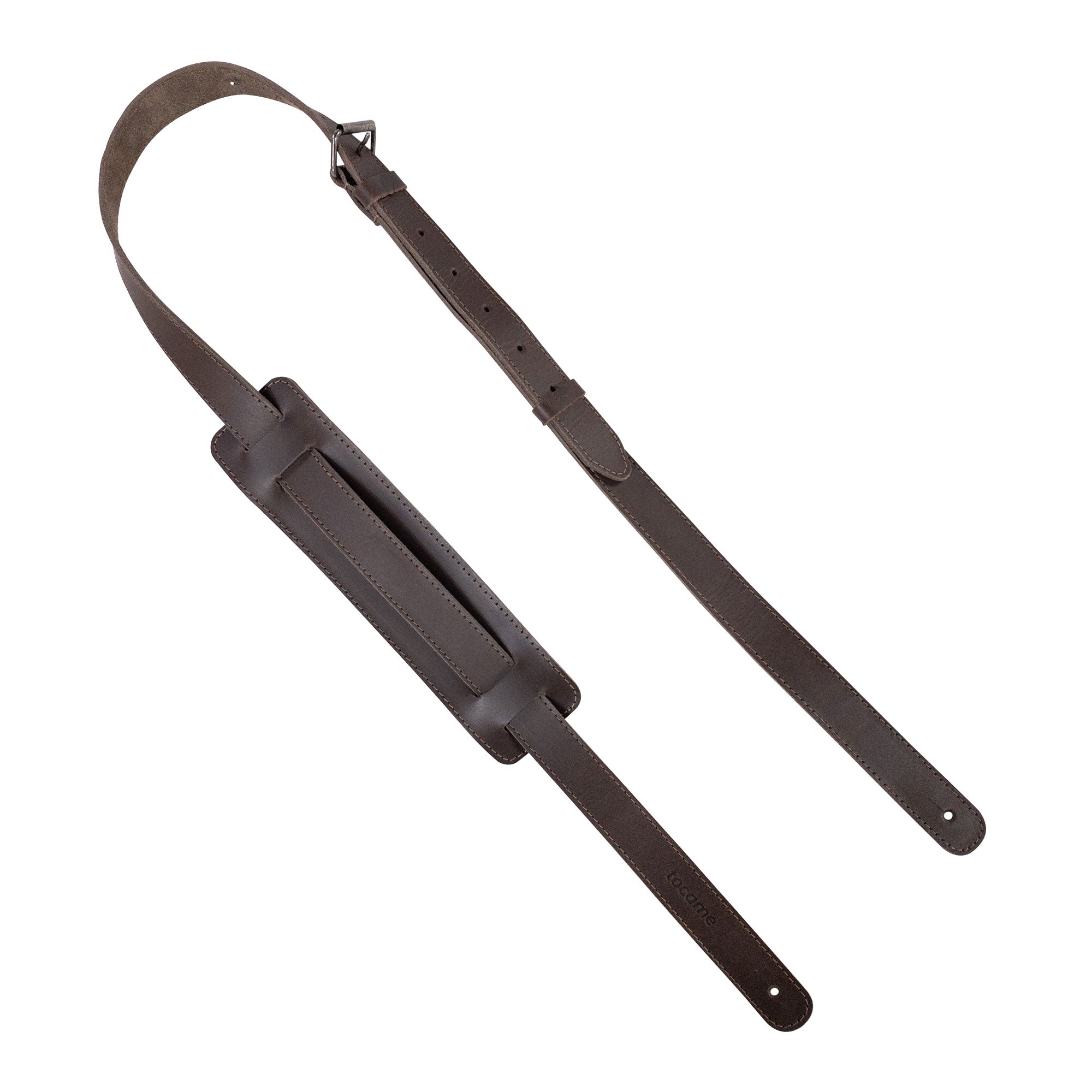 Adjustable Guitar Strap by tocame showcasing a classic full grain leather design, perfect for electric and acoustic guitars. This strap for musicians is hand cut and hand sewn, embodying artisan quality and small batch production from La Antigua Guatemala.