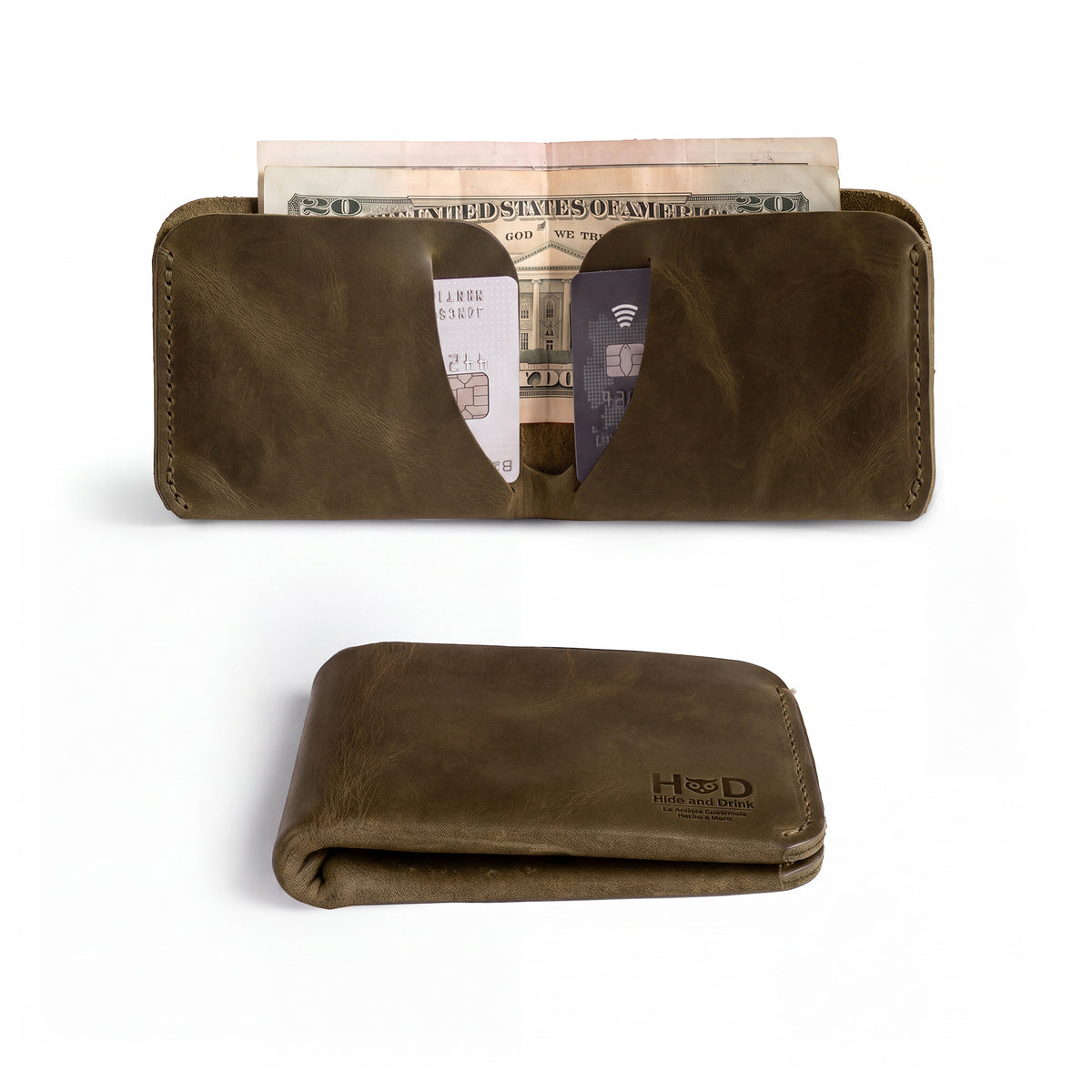 Front view of the Hide & Drink Minimal Wallet in dark green, made from Full Grain Leather. This Classic Slimfold Wallet offers a refined Card Organizer Holder experience, representing a Travel Accessory that showcases Small Batch Production craftsmanship from artisans in La Antigua Guatemala & Oaxaca Mexico.