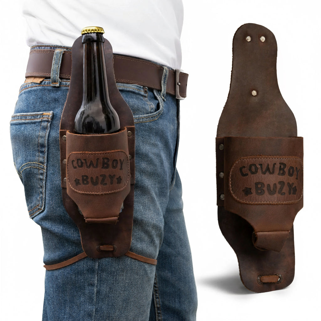 Hide & Drink Beer Holster Cowboy Buzy, a stylish Beer Holster for Cowboy, designed for hands-free beverage holding, featuring a Western Bottle Leg Grip made for both men and women. This artisan product showcases full grain leather craftsmanship with small batch production, hand-cut and hand-sewn in La Antigua Guatemala.