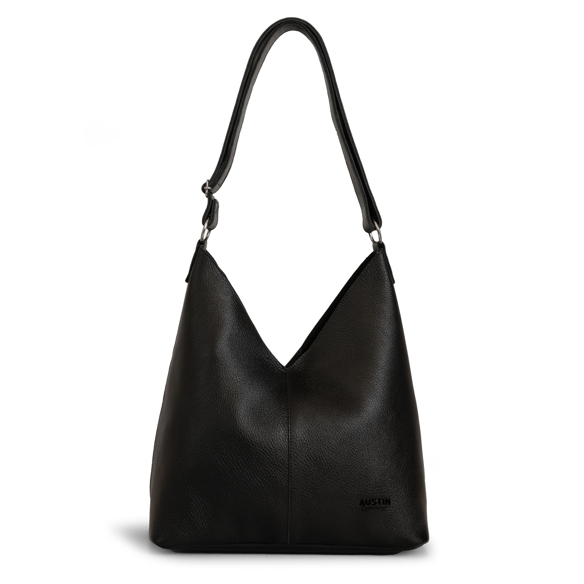 Austin Genuine The Tarrytown Hobo Bag, a black full grain leather hobo shoulder bag with a curved silhouette and adjustable strap. The Tarrytown Hobo Bag Full Grain Leather, StockyardX, Small Batch Production, Hand Cut, Hand Sewn, Fire Branded, Artisan, Handmade in La Antigua Guatemala & Oaxaca Mexico.