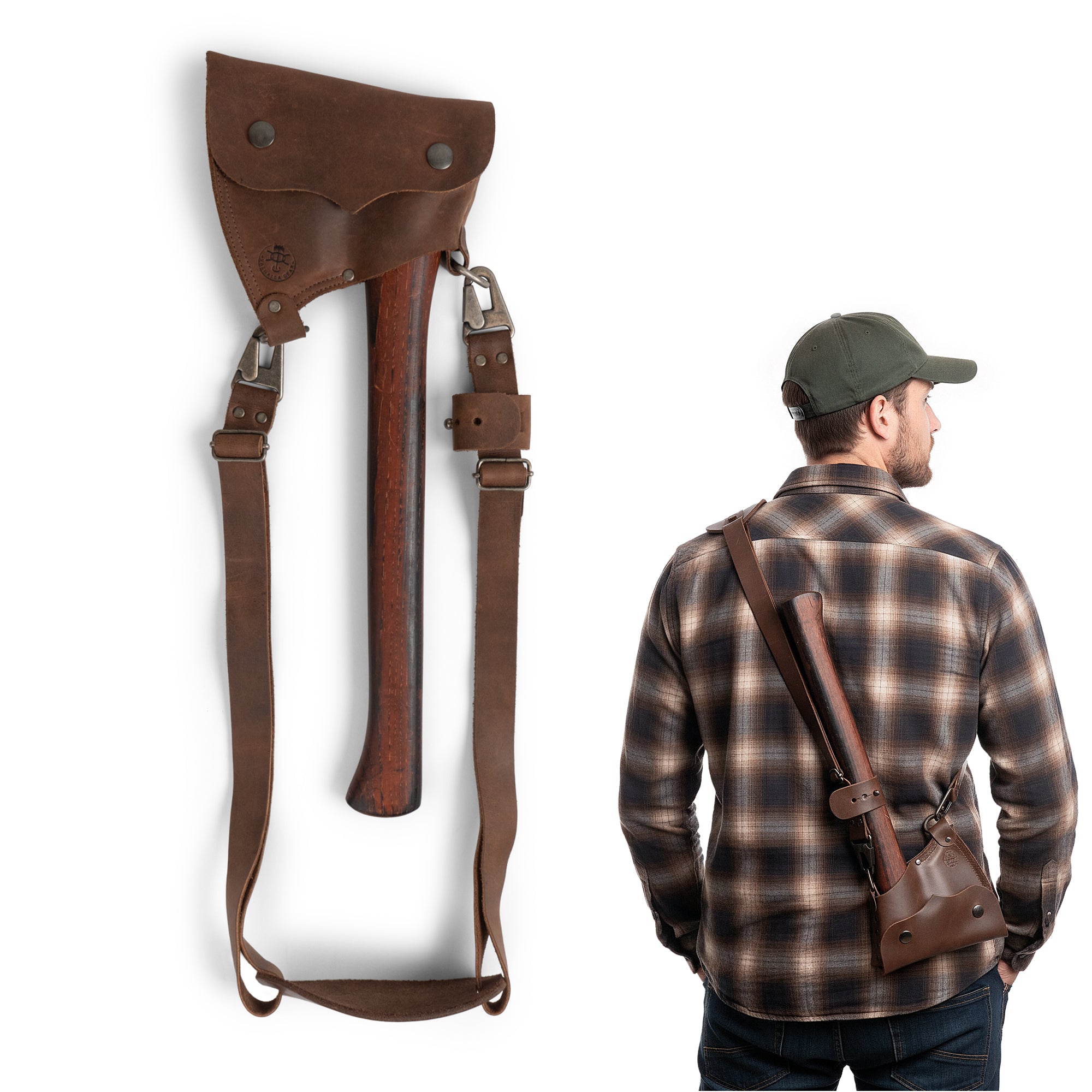 Axe Head Sheath with Shoulder Strap by Valhalla Gear, shown in use with a user wearing it across the back, demonstrating its practical utility. This riveted carrier for lumberjacks is made from full grain leather and makes an excellent accessory for tools and home improvement, handmade with care in La Antigua Guatemala.