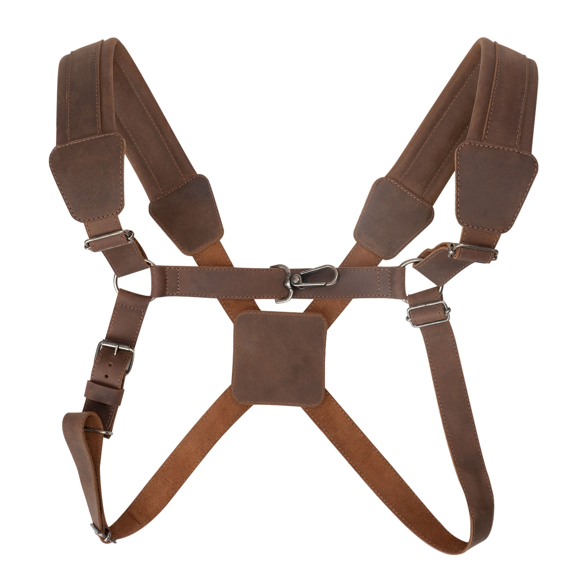 A stylish and durable Ajustable Harness for Alto & Tenor Saxophone by tocame, featuring adjustable padded straps for added comfort and back support. Ideal for marching band essentials, this handcrafted harness is made from full grain leather, showcasing small batch production with artisan craftsmanship from La Antigua Guatemala and Oaxaca Mexico.
