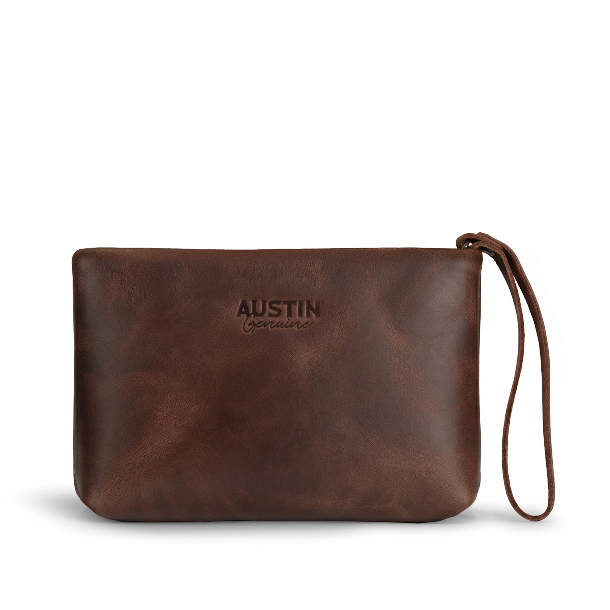 Austin Genuine The Seaholm Makeup Bag, a brown Full Grain Leather wristlet pouch featuring a zip closure and logo; The Seaholm Makeup Bag is made through StockyardX Small Batch Production, Hand Cut, Hand Sewn, Fire Branded, Artisan, Handmade in La Antigua Guatemala & Oaxaca Mexico.