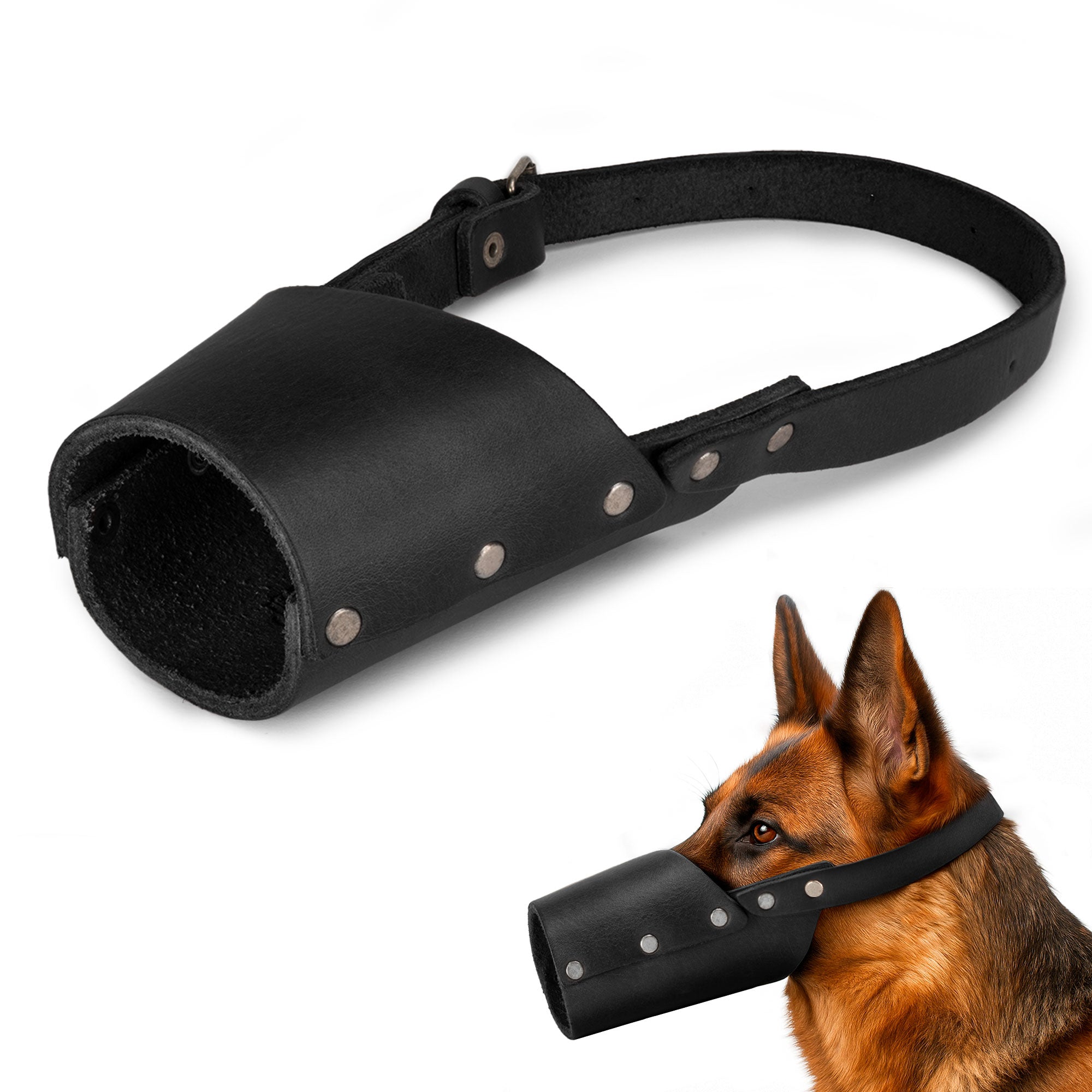 Close-up of Taco Dog Dog Muzzle with a card, illustrating its handmade artisan appeal. Crafted from full grain leather, this muzzle acts as a secure training cover.