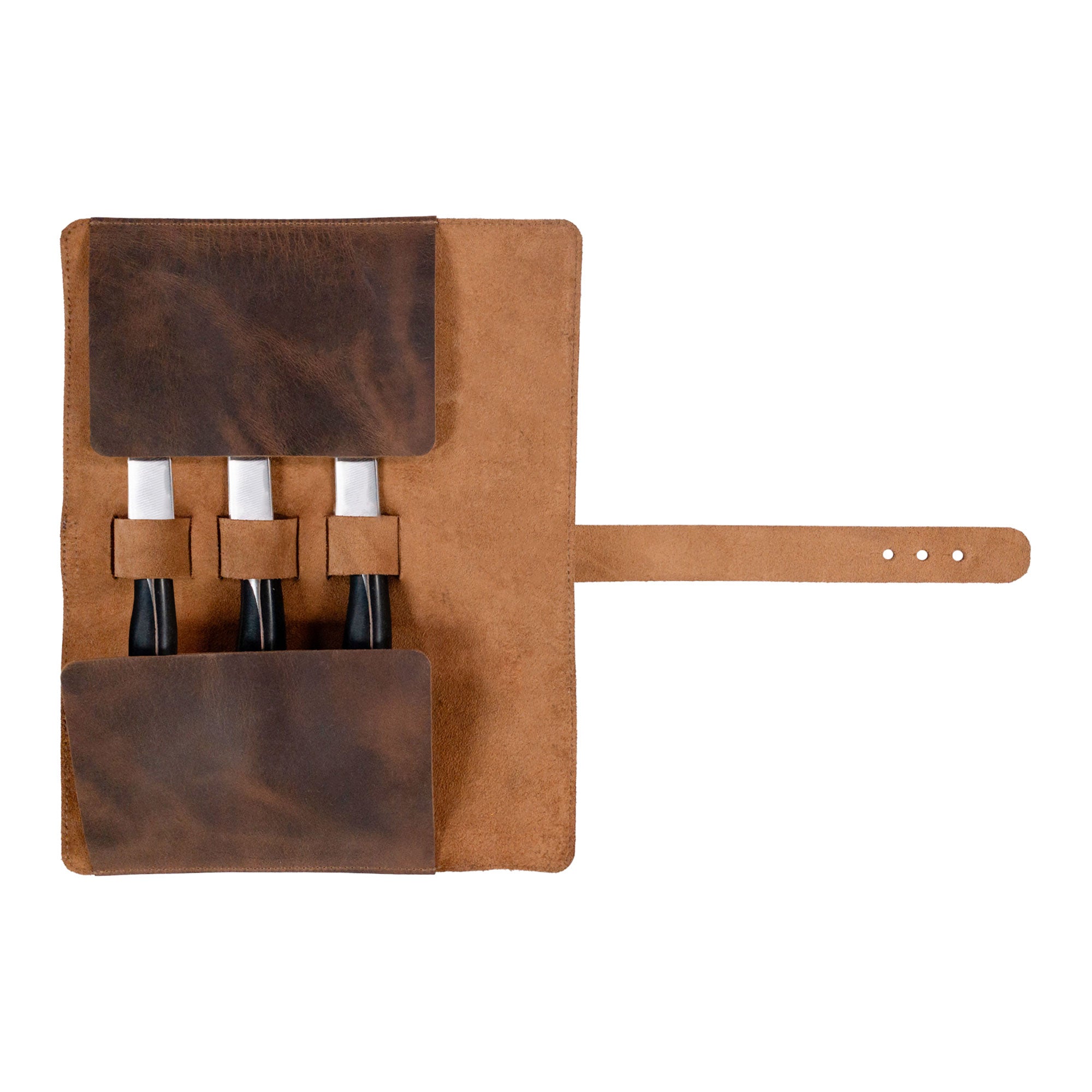 Top view of the Rectangular Knife Case with 3 Slots by Cast Leather Co., showcasing an elegant design made from Full Grain Leather. This Portable Knife Organizer is perfect for chefs and culinary students. Ideal Travel Bag for storing essential culinary accessories, it's handmade with care in La Antigua Guatemala.