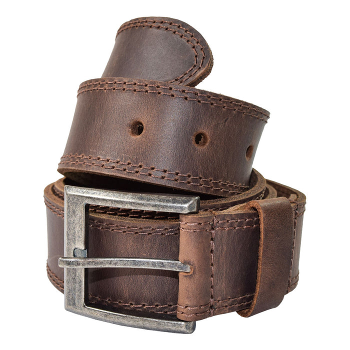 Two Row Stitch Thick Leather Belt with Rustic Nickel Buckle