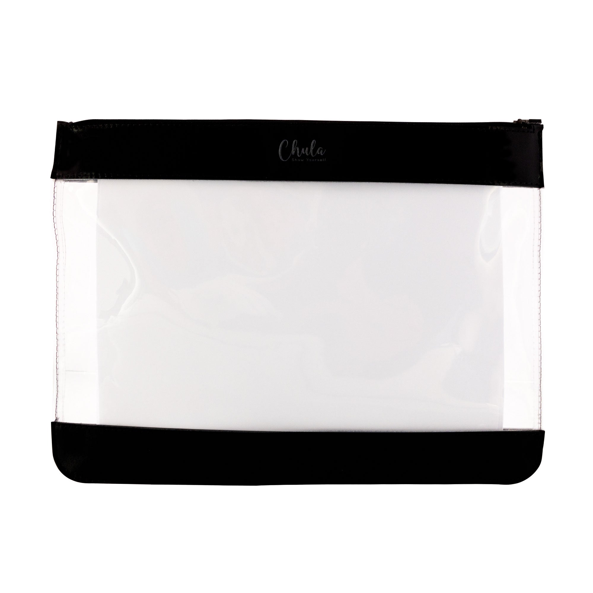 Chula's Document Holder displayed, showcasing a stylish horizontal mailing envelope design, perfect for organizing personal planners and documents. This transparent PVC material highlights the chic style of the female padfolio. Artisan crafted, handmade in La Antigua Guatemala, featuring small batch production, hand cut, hand sewn, and fire branded elements for a unique touch.