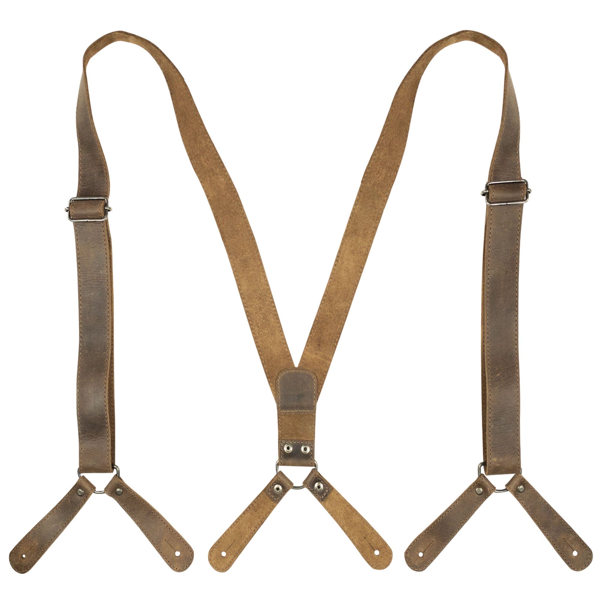 Rustic Button End Suspenders by Hide & Groom, showcasing full grain leather design, perfect for groomsmen, best men, and bachelors. Ideal for wedding ceremonies and dinner parties, featuring small batch production, hand cut, hand sewn, and fire branded details. Handmade in La Antigua Guatemala & Oaxaca Mexico.