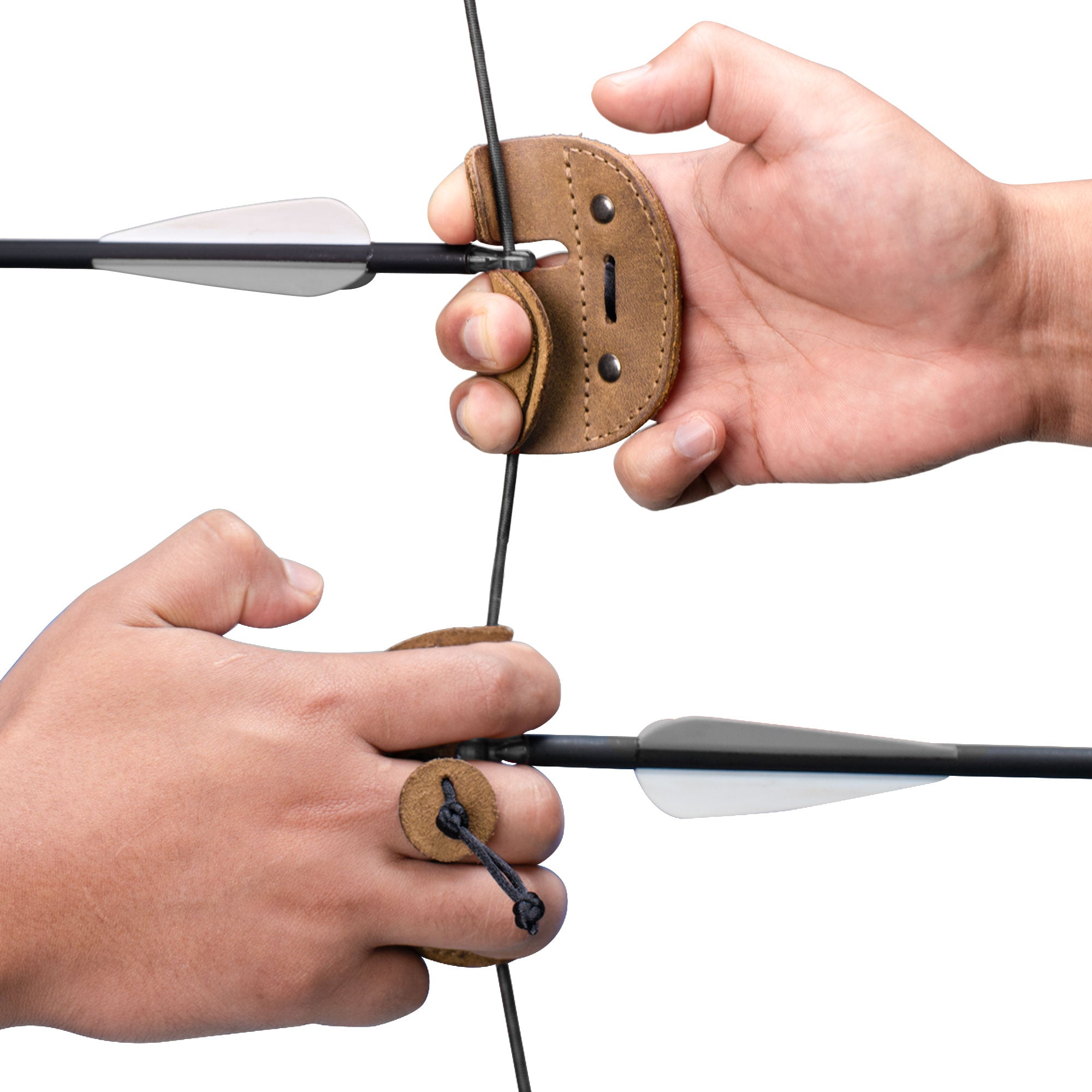 Right Handed Archery Finger Protector by Hide & Drink, showcasing a shooter using the Archery Finger Tab while aiming. This Protect Guard for Recurve Bows offers comfort and durability with its Full Grain Leather design. Ideal for shooting practice gear in sports & outdoors, embracing the essence of Small Batch Production, Hand Cut, Hand Sewn, and Fire Branded elegance, handmade in La Antigua Guatemala & Oaxaca Mexico.