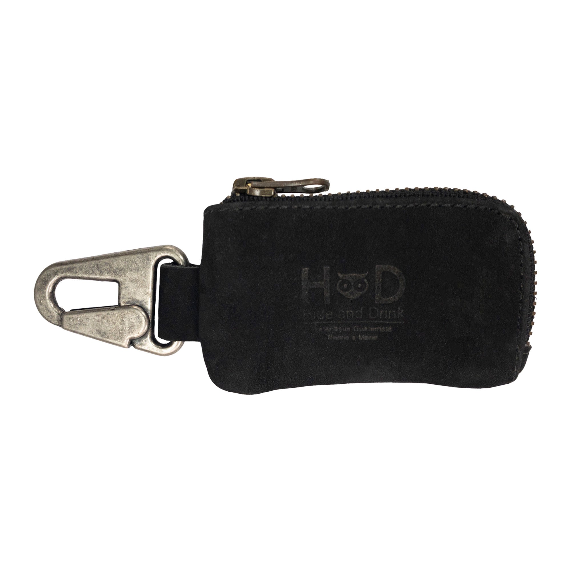 Back view of Hide & Drink Car Key Holder in black suede leather, highlighting its durable design for holding car keys, charging cables, and cash, secured with a reliable Nickel Metal Clasp. StockyardX, Small Batch Production, Hand Cut, Hand Sewn, Fire Branded, Artisan, Handmade in La Antigua Guatemala & Oaxaca Mexico.