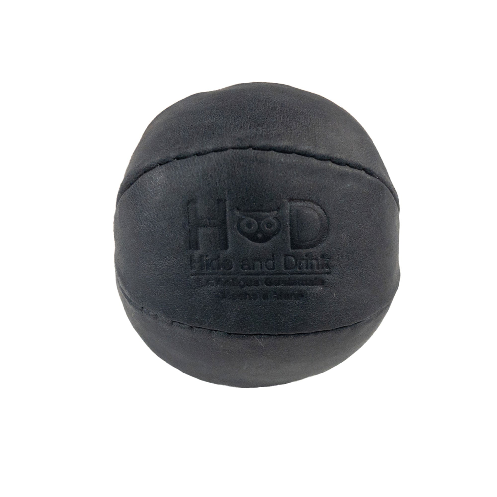 Hide & Drink black Stress Ball showcasing its premium material, designed to relieve fidgeting and anxiety. A squishy tension accessory with a classic style, handmade from full grain leather in La Antigua Guatemala.