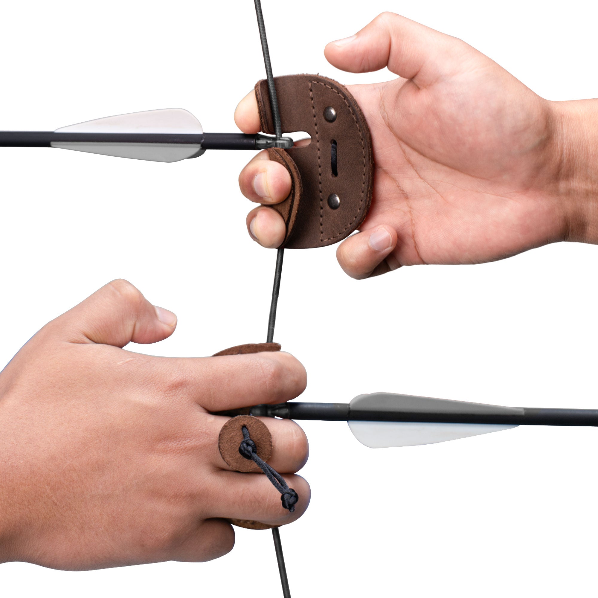 A person using the Right Handed Archery Finger Tab by Valhalla Gear while shooting an arrow, showcasing its ergonomic design made of full grain leather. This Archery Finger Tab protects fingers during shooting practice, ideal for recurve bows and outdoor sports. Crafted with care in La Antigua Guatemala, this small batch production item is hand cut, hand sewn, and fire branded, suitable for any archer.