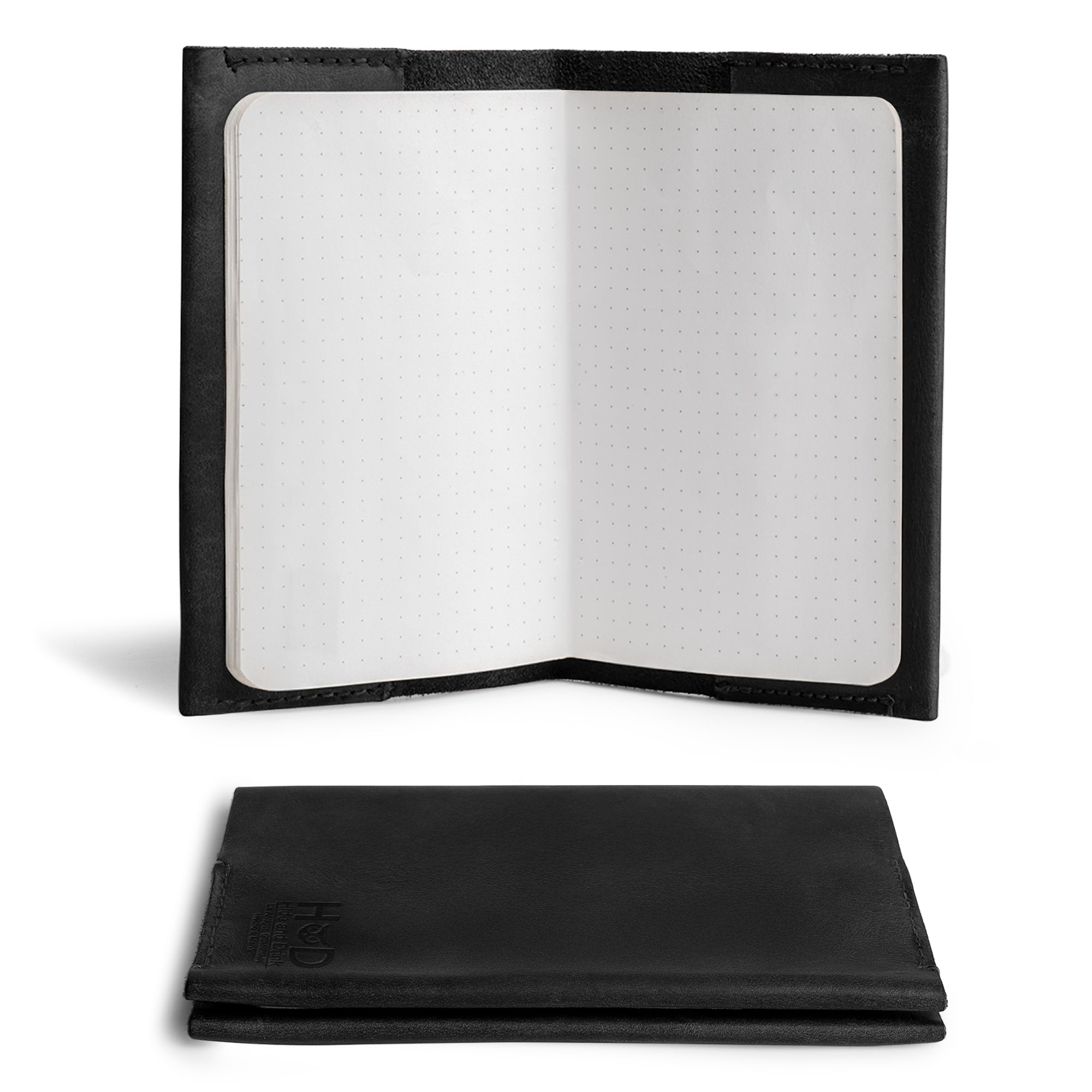 Hide & Drink Field Notes Cover open showcasing sheets, a classic pocket-sized memo books cover compatible with Field Notes (3.5 x 5.5 in.) journal case with card slots, made of durable full grain leather.