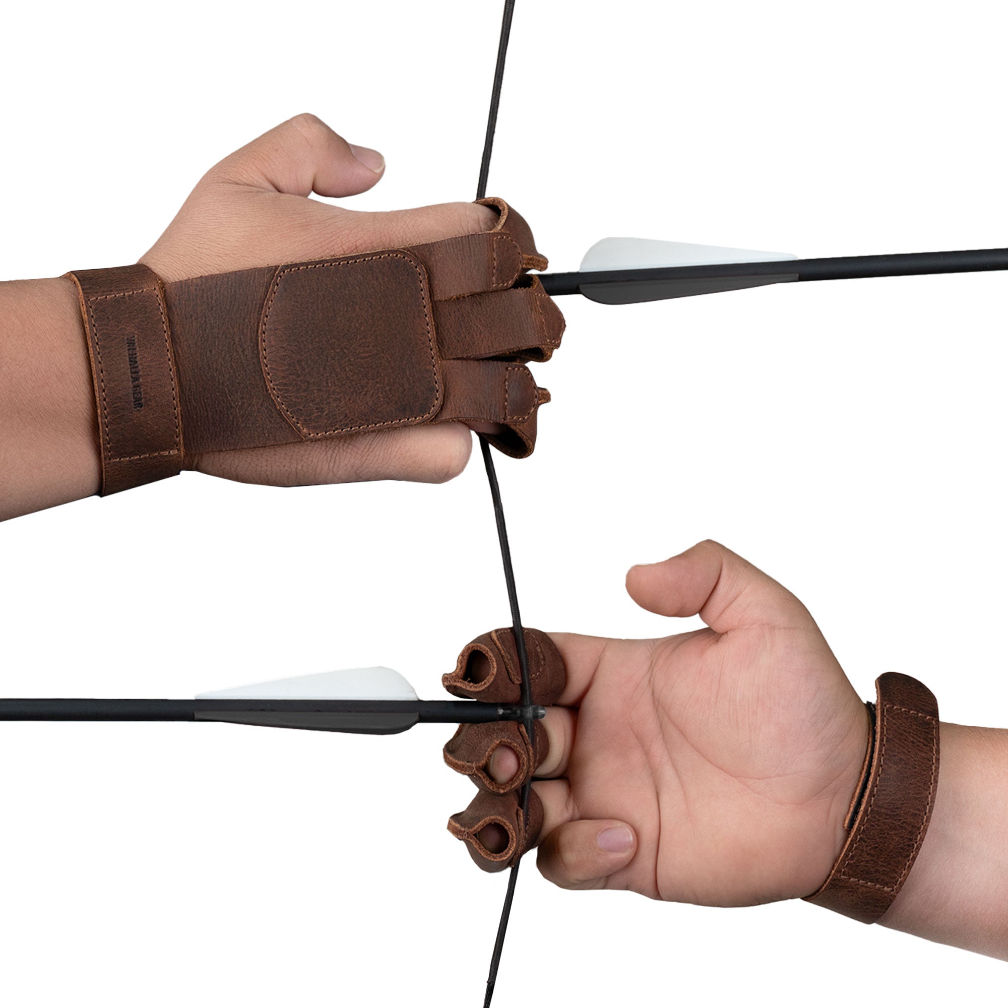 Valhalla Gear Rustic Three-Finger Archery Shooting Glove modeled on a hand, demonstrating its adjustable wrist strap and fit, making it the perfect choice for shooting targeting and recurve bow activities. This full grain leather glove is a testament to artisan craftsmanship from La Antigua Guatemala.