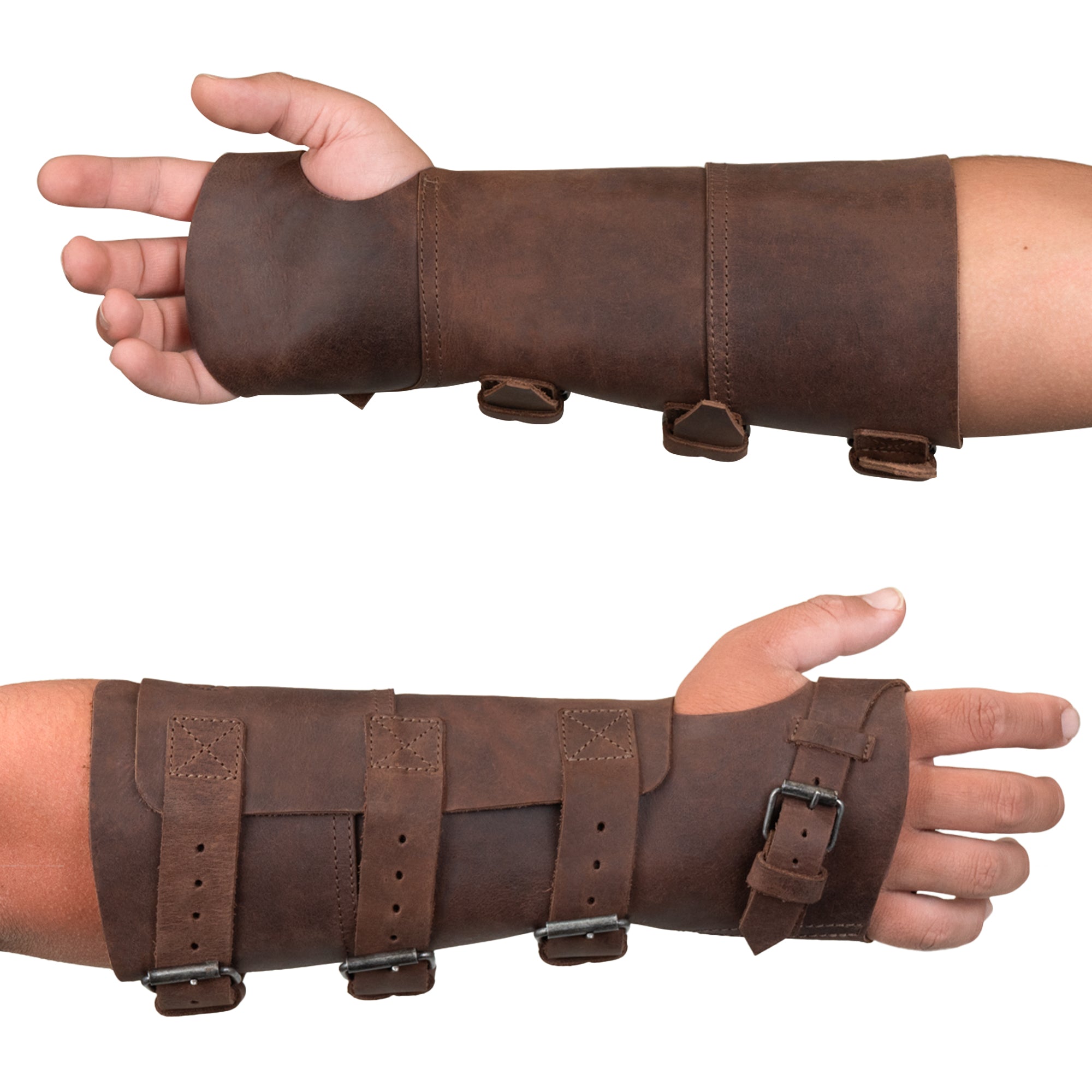 Valhalla Gear Welding Forearm Protector presented on a hand, emphasizing its full grain leather construction and secure fit with buckle closures. A handcrafted item from La Antigua Guatemala, suitable for welding and other high-heat tasks, designed for durability.