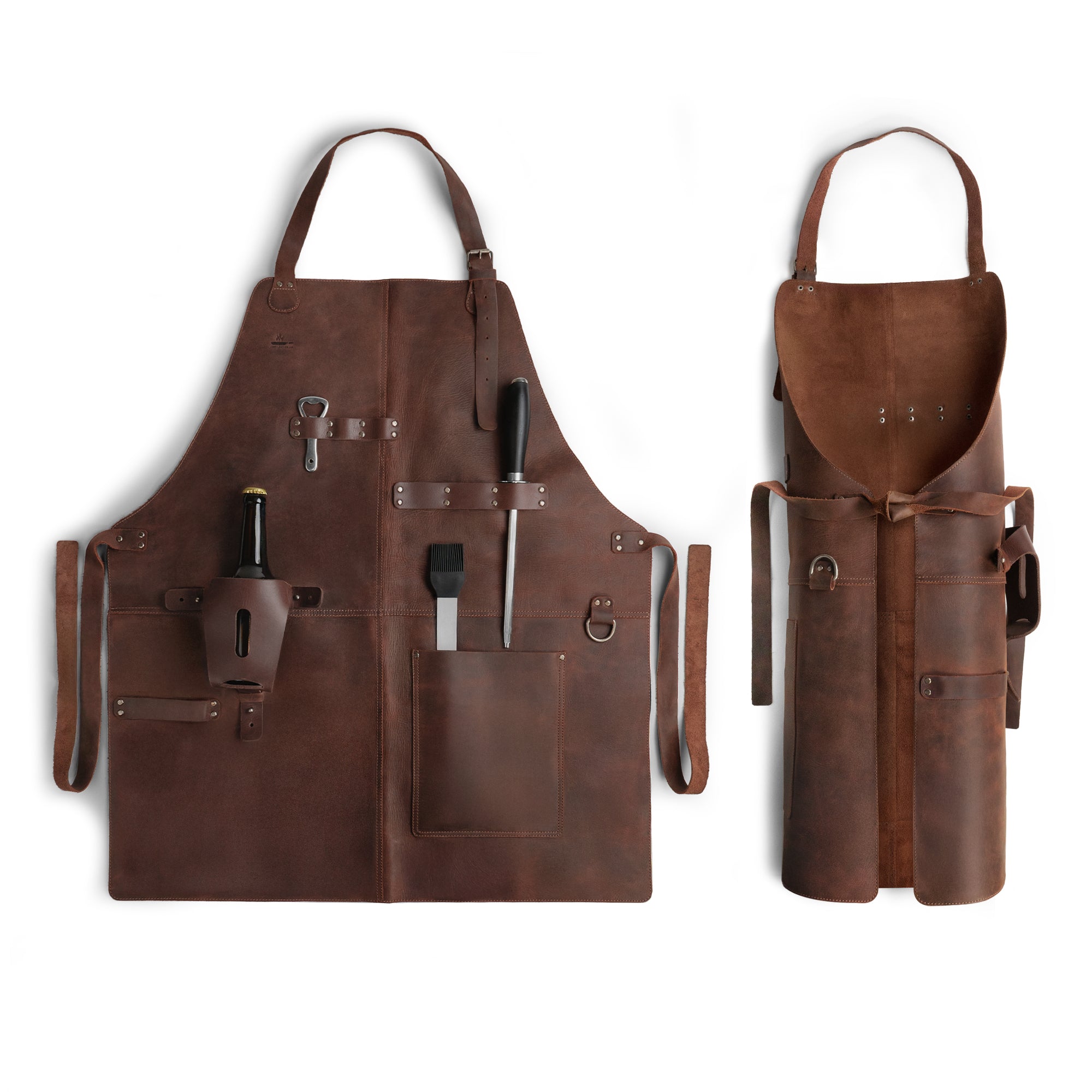 Cast Leather Co. BBQ Apron featuring a rustic design with adjustable neck strap. Perfect for cooking and grilling, made from full grain leather, this artisan piece showcases characteristics of small batch production, hand cut and sewn craftsmanship. Handmade in La Antigua Guatemala & Oaxaca Mexico.