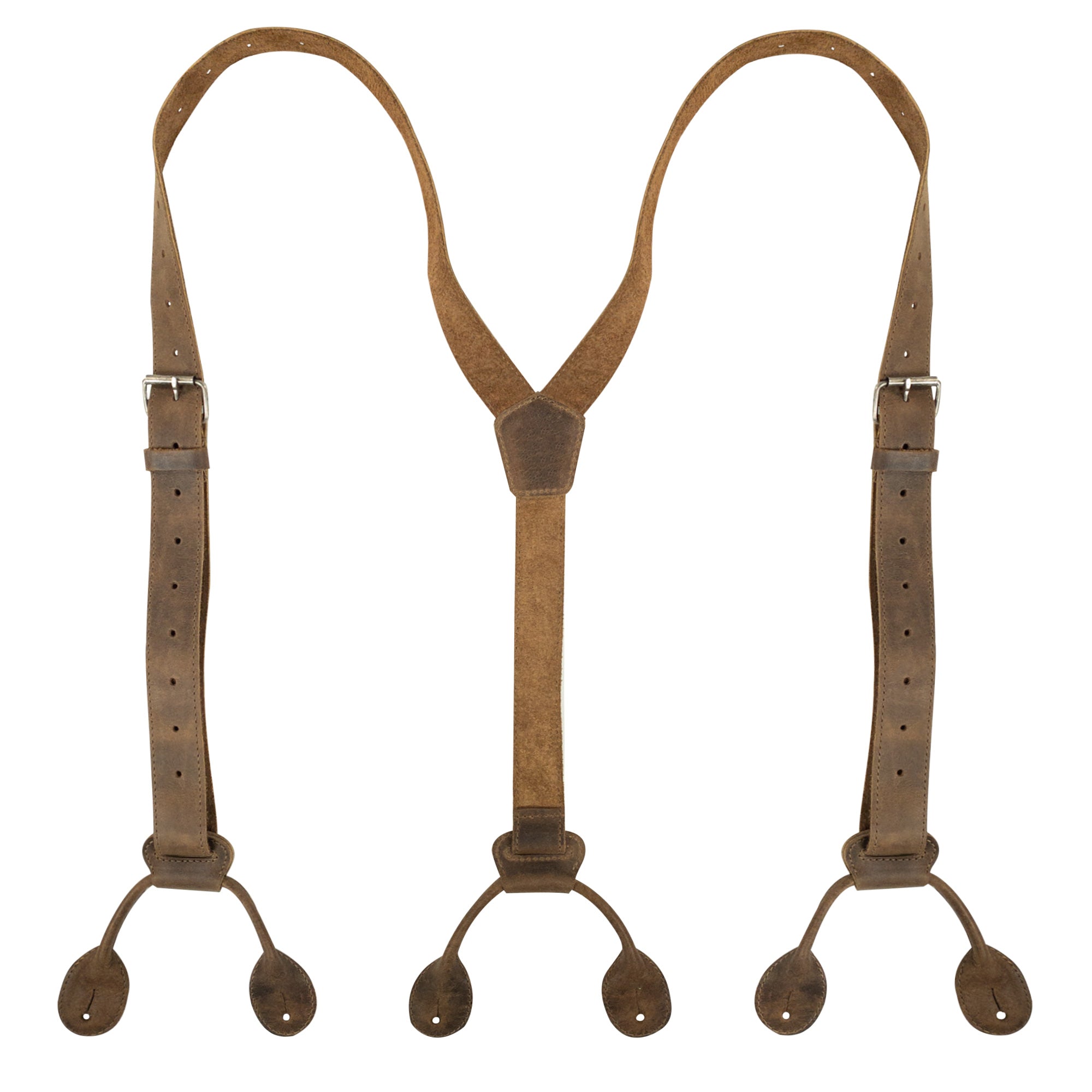 Y Back Button End Suspenders by Hide & Groom, showcasing a classic Y-back design perfect for groomsmen and best men. These suspenders, made from full grain leather, are ideal for wedding ceremonies and dinner parties. Featuring small batch production, they are hand cut, hand sewn, and fire branded, emphasizing artisan craftsmanship from La Antigua Guatemala.