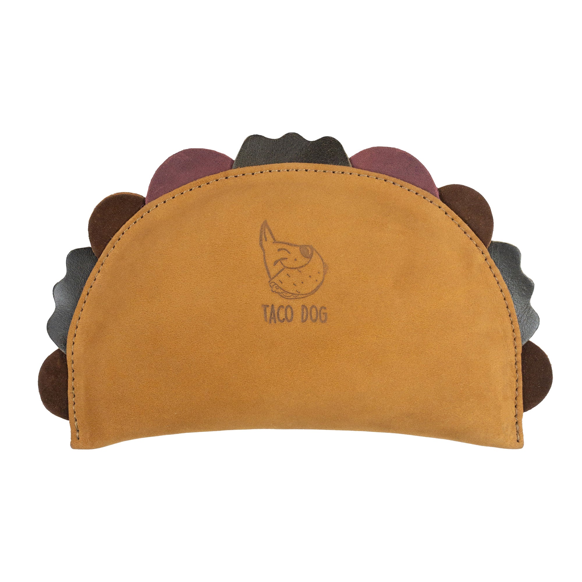 Taco Dog's Taco-Shaped Chew Dog Toy made from full grain leather, showcasing an artisan design inspired by tacos, perfect for puppies and active chewers. Handmade in La Antigua Guatemala, this durable accessory is fire branded and features small batch production.