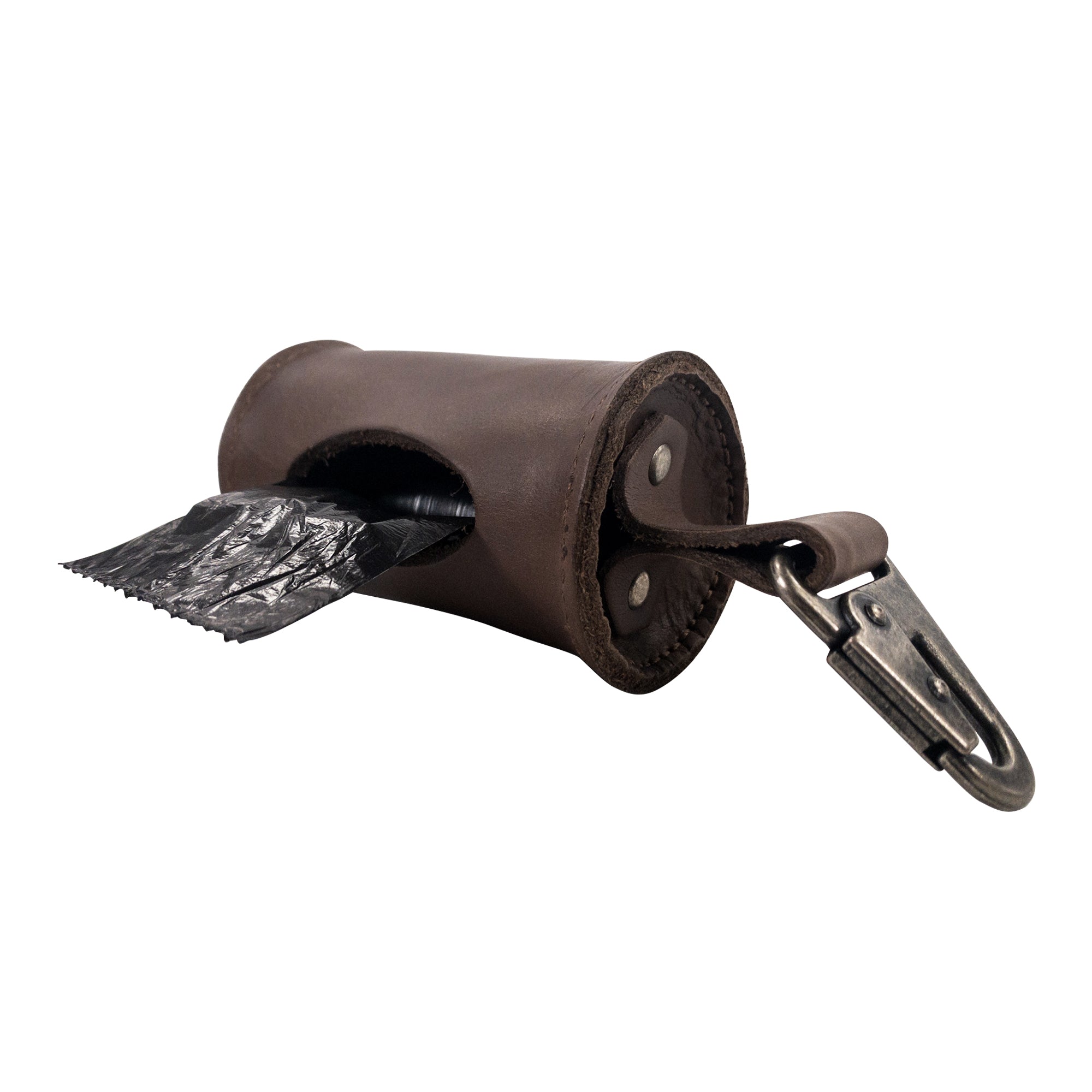 Stylish Doggie Bag Dispenser by Hide & Drink featuring a thick full grain leather poop bag holder with a brass metal clip for easy attachment, perfect for dog walkers. Handmade in La Antigua Guatemala, this elegant waste bag holder is crafted through small batch production, hand cut and sewn by artisans, and fire branded, ensuring high quality.