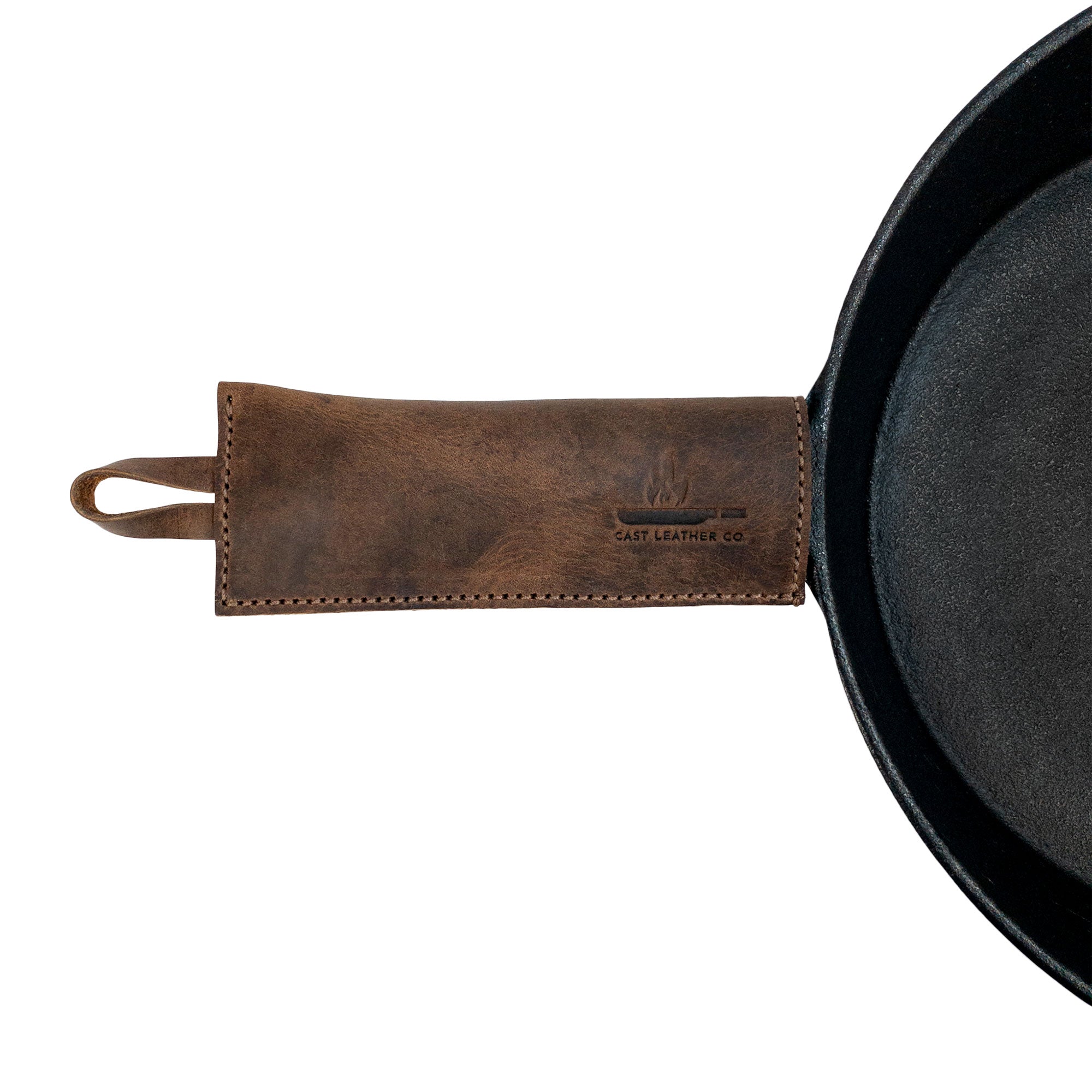 Set of 2 Rectangular Pan Handle Covers by Cast Leather Co., showcasing a sleek full grain leather design as a sleeve for metal skillet grip, ideal kitchen accessories. Crafted through small batch production, these handmade handles are fire branded and artisan-made in La Antigua Guatemala & Oaxaca Mexico.