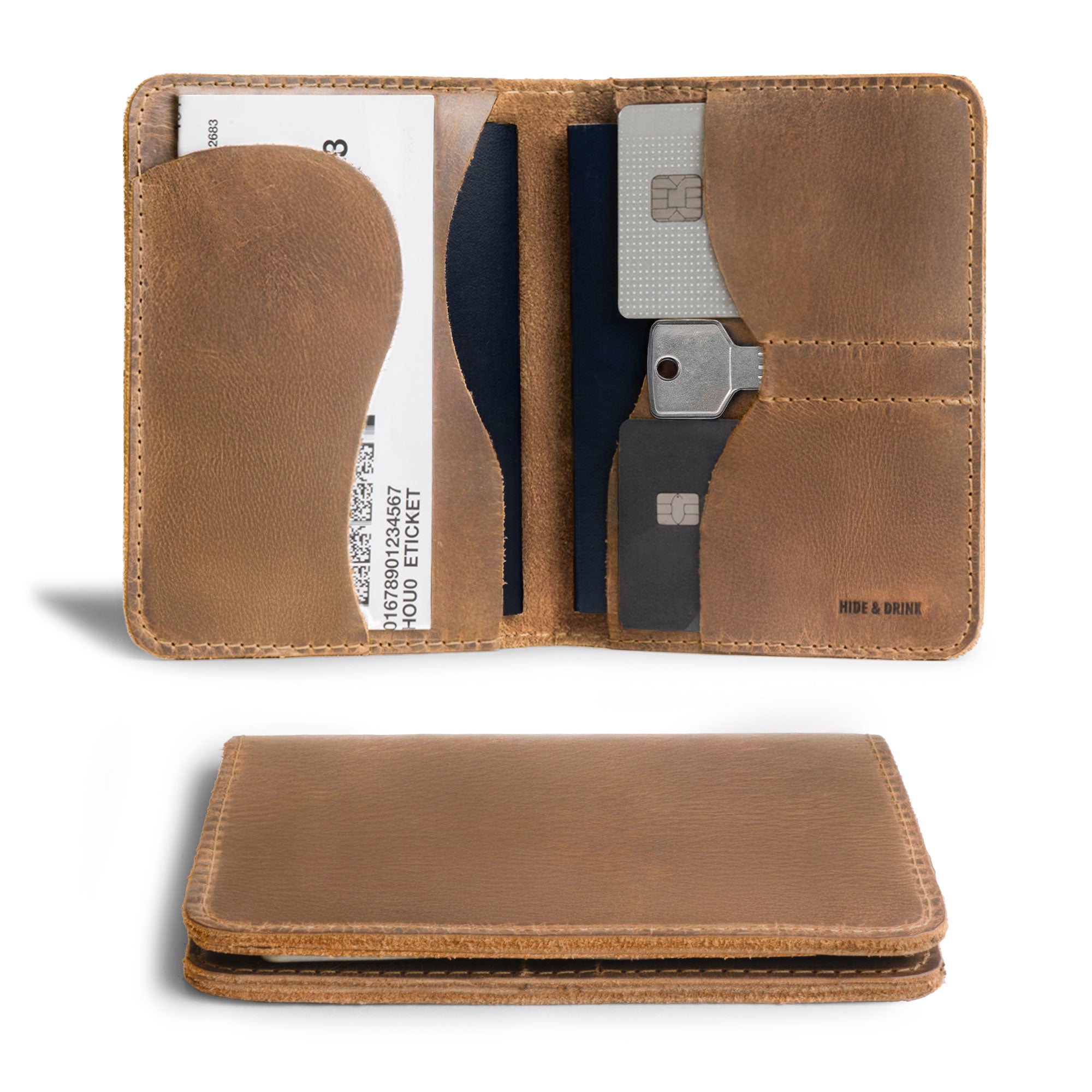 Inside perspective of the tan Hide & Drink Double Passport Wallet W/Key Slot, revealing its organizational capabilities for travel essentials crafted by skilled artisans from La Antigua Guatemala & Oaxaca Mexico.