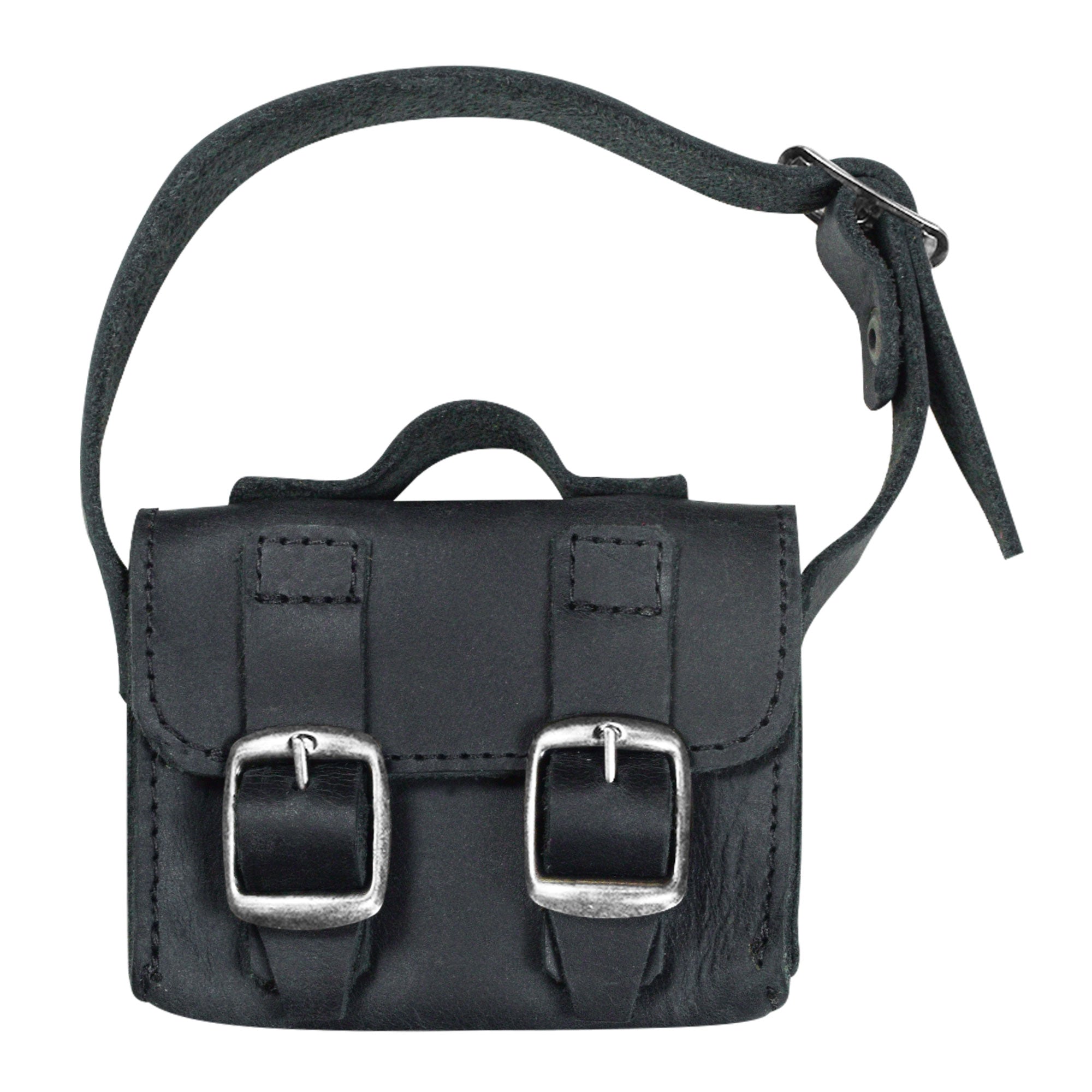 Front view of the Black Tiny Messenger Bag by Hide & Drink, a distinguished Mini Messenger Bag Charm crafted from rich Full Grain Leather. This artisan accessory, perfect as a keychain or handbag complement, reflects small batch production made in La Antigua Guatemala.