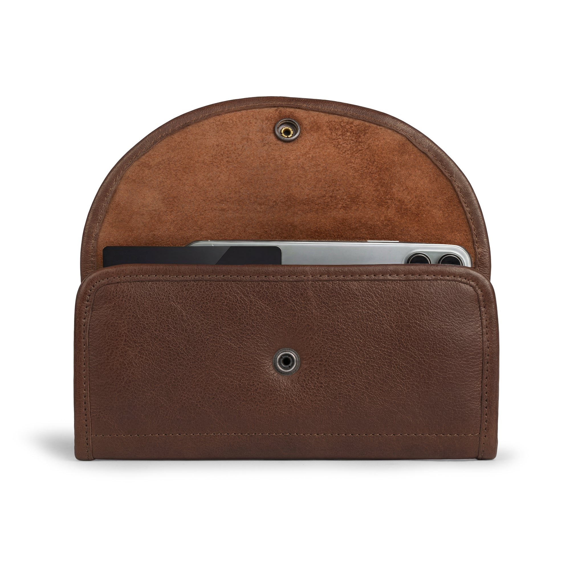 Front view of a brown variant of the Single Snap Zippered Wallet by Hide & Drink, showcasing its stylish design. This Snap Clutch Wallet for Women is a functional money holder and card organizer with a zippered pouch, crafted from full grain leather and made in small batches in La Antigua Guatemala.