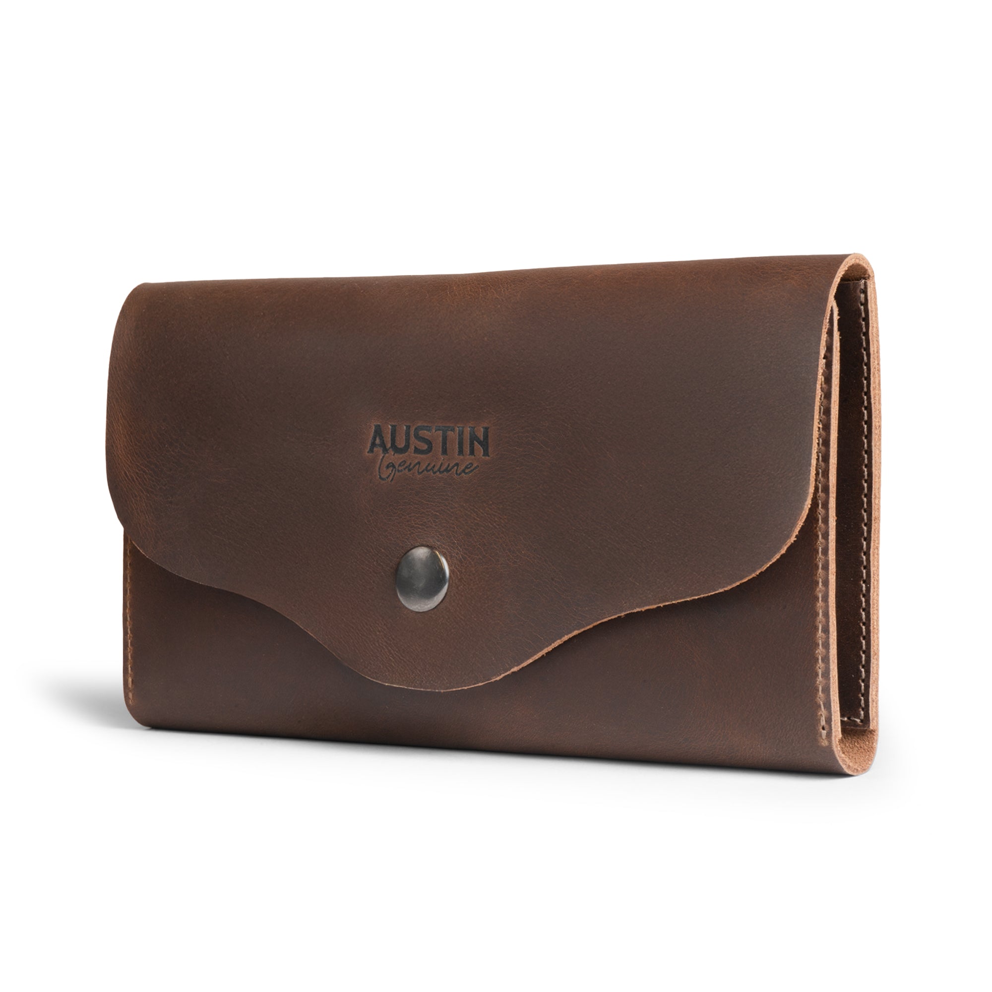The Violet Long Wallet by Austin Genuine, showcasing the elegant full grain leather design. This wallet is part of StockyardX's small batch production, expertly hand cut and hand sewn by artisans in La Antigua Guatemala & Oaxaca Mexico, featuring a fire branded logo for authenticity.