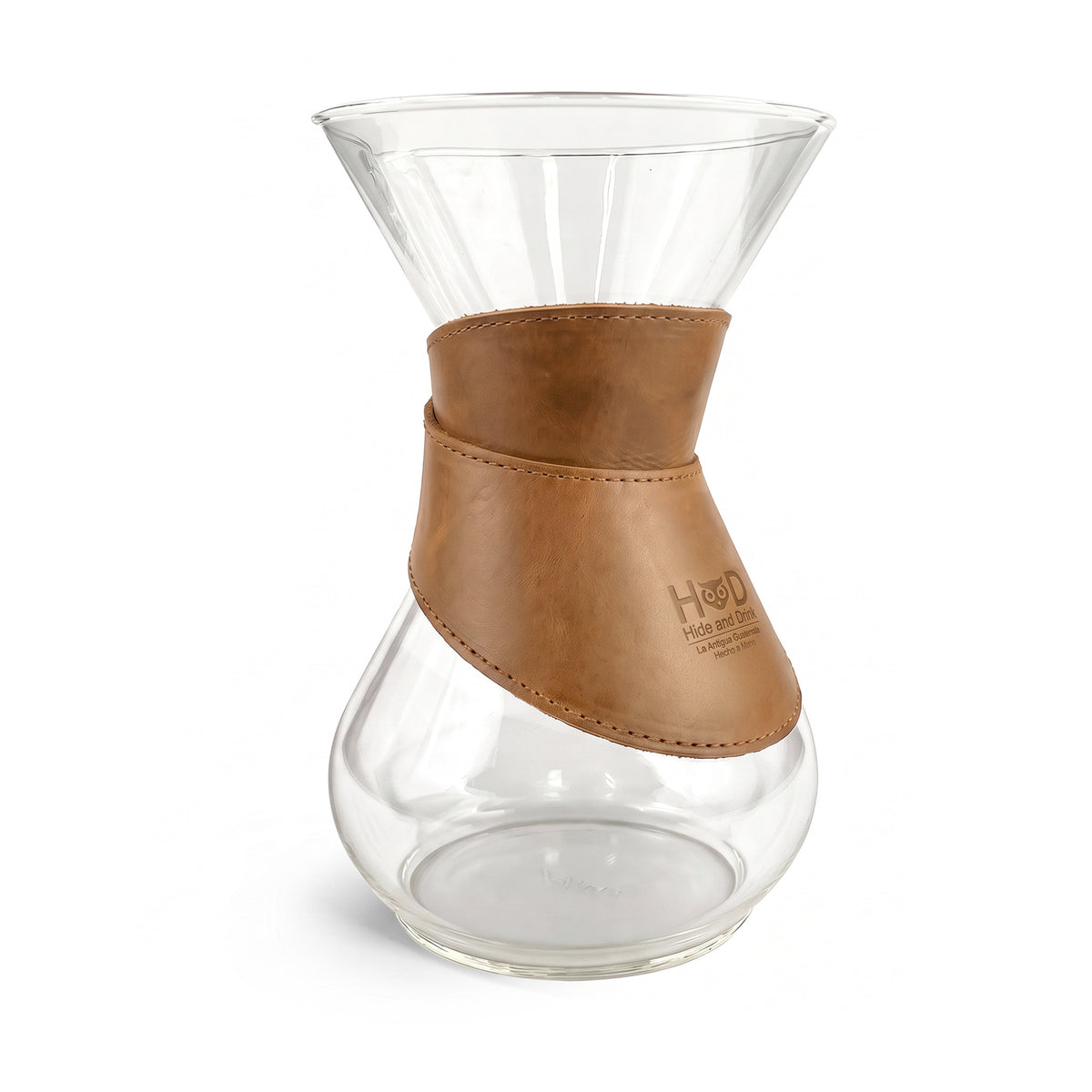 Close-up of Hide & Drink Chemex Collar in brown leather, focusing on its fine stitching and quality design. This collar is perfect for Chemex 6-Cup Glass, artisan-crafted in La Antigua Guatemala & Oaxaca Mexico.