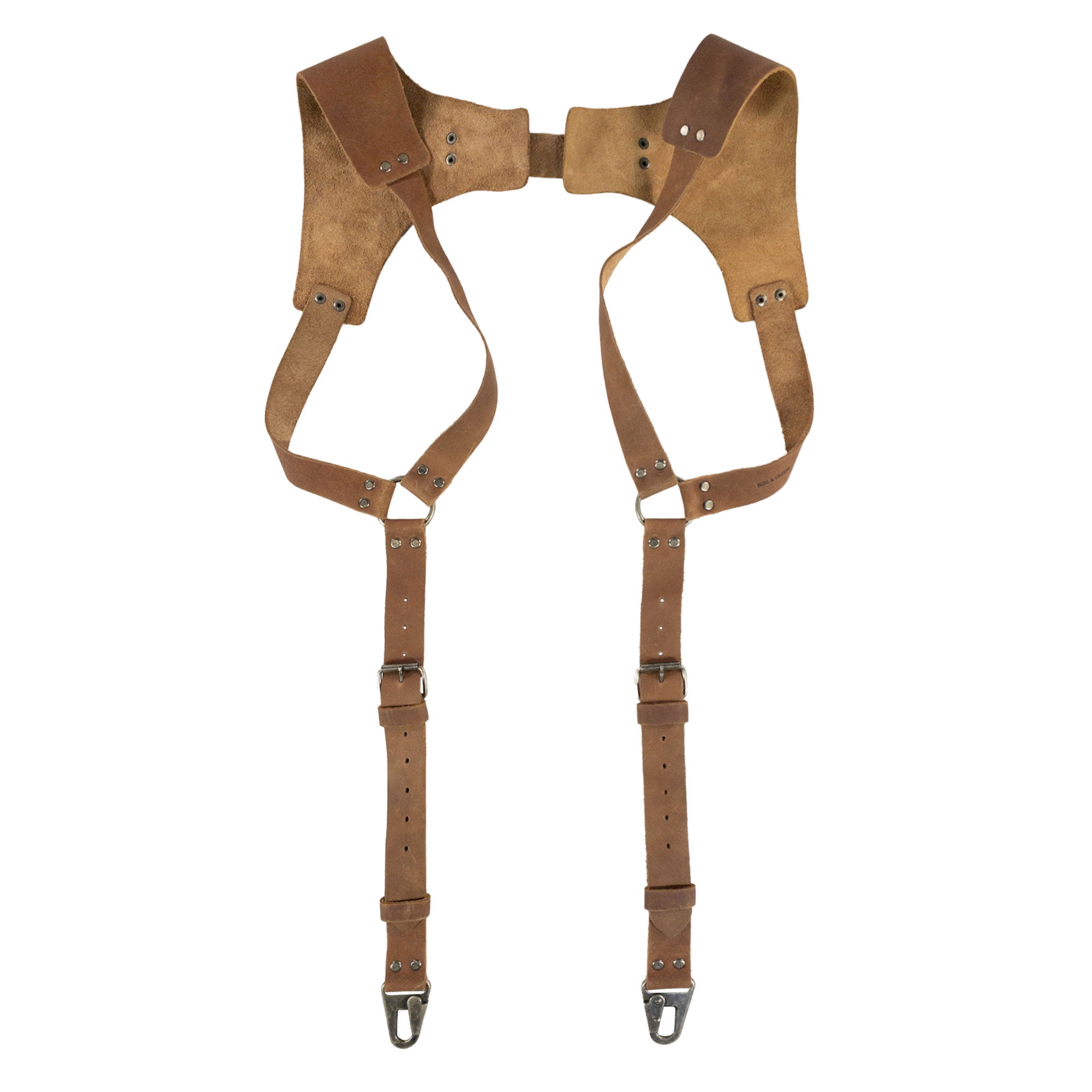 Back view of light leather Vintage Renaissance Suspenders by Hide & Groom, showcasing the precise craftsmanship and vintage appeal of this handmade back support harness.