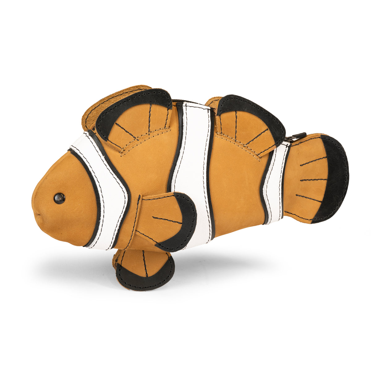 Tudi Frudi Leather Clownfish Pouch, a Leather Clownfish Pencil Pouch shaped like an orange clownfish with black and white stripes, featuring a Small Pen Organizer, Zippered Holder Wallet for Coins, Change Purse, Money Pouches for Men and Women, Saving Box, Cable Holder, Full Grain Leather, StockyardX, Small Batch Production, Hand Cut, Hand Sewn, Fire Branded, Artisan, Handmade in La Antigua Guatemala & Oaxaca Mexico.
