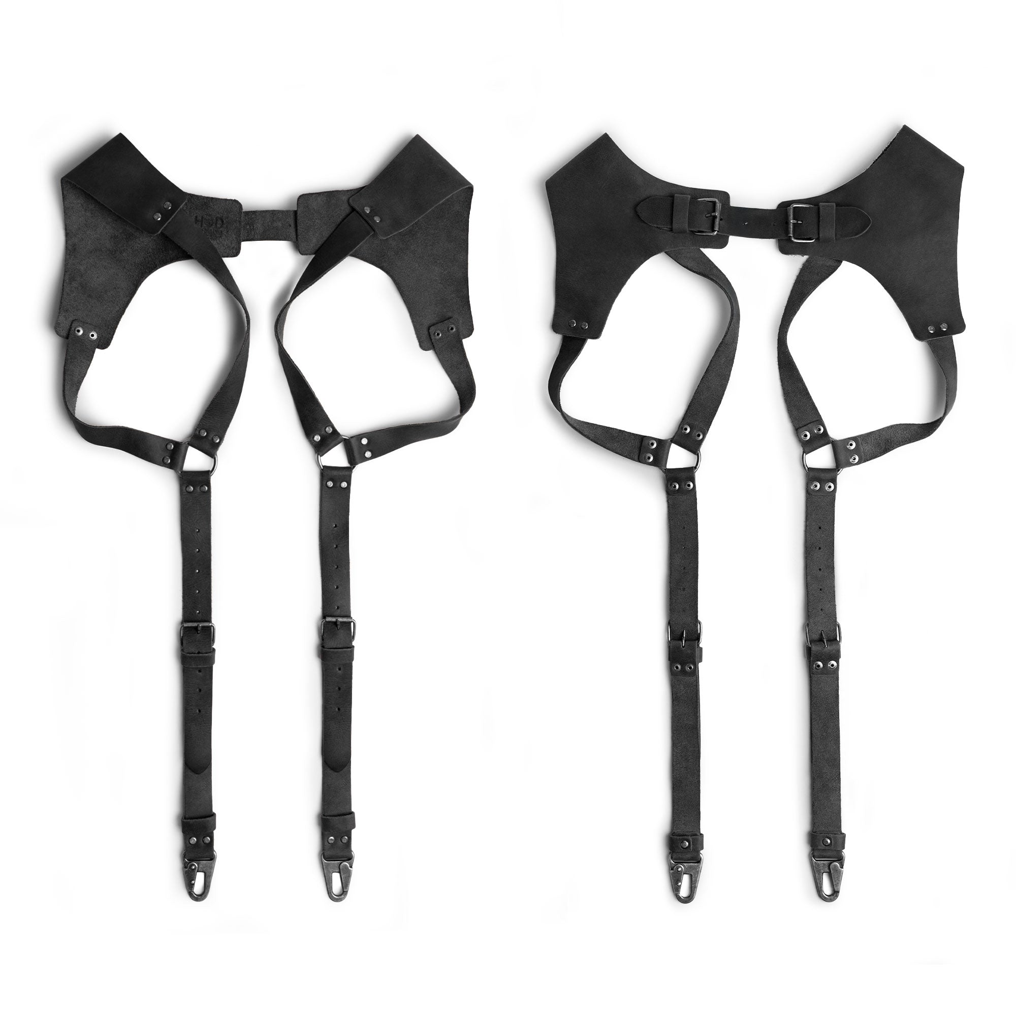 Black version of Renaissance Suspenders by Hide & Drink, showcasing their distinct style. These back support harness for men are ideal for best men, crafted from premium full grain leather, highlighting small batch and hand sewn details.