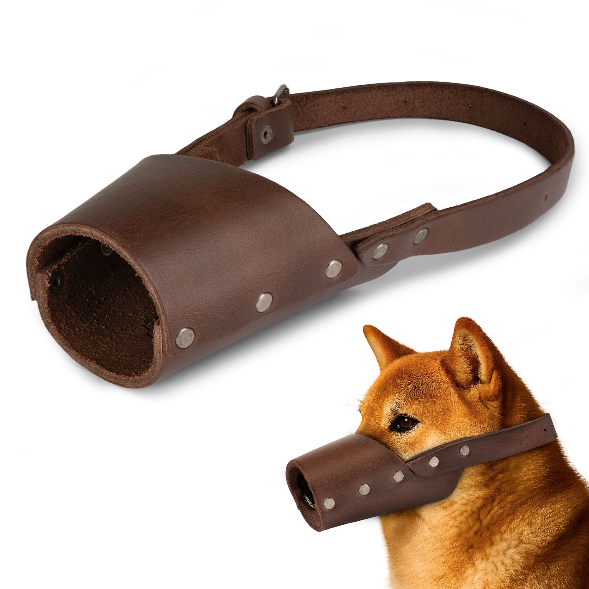 Stylish Riveted Dog Muzzle by Hide & Drink designed for secure dog control to prevent biting and chewing. Handmade from full grain leather and artisancrafted, it’s an ideal muzzle guard for breeds like Pitbulls and German Shepherds, available in various sizes and made in La Antigua Guatemala & Oaxaca Mexico.