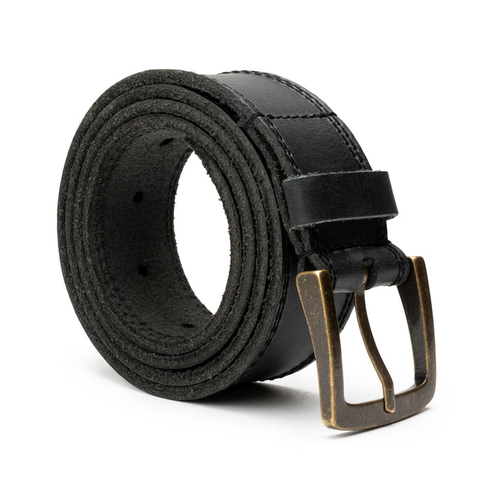 Two Row Stitch Thick Leather Belt - Antique Brass Buckle