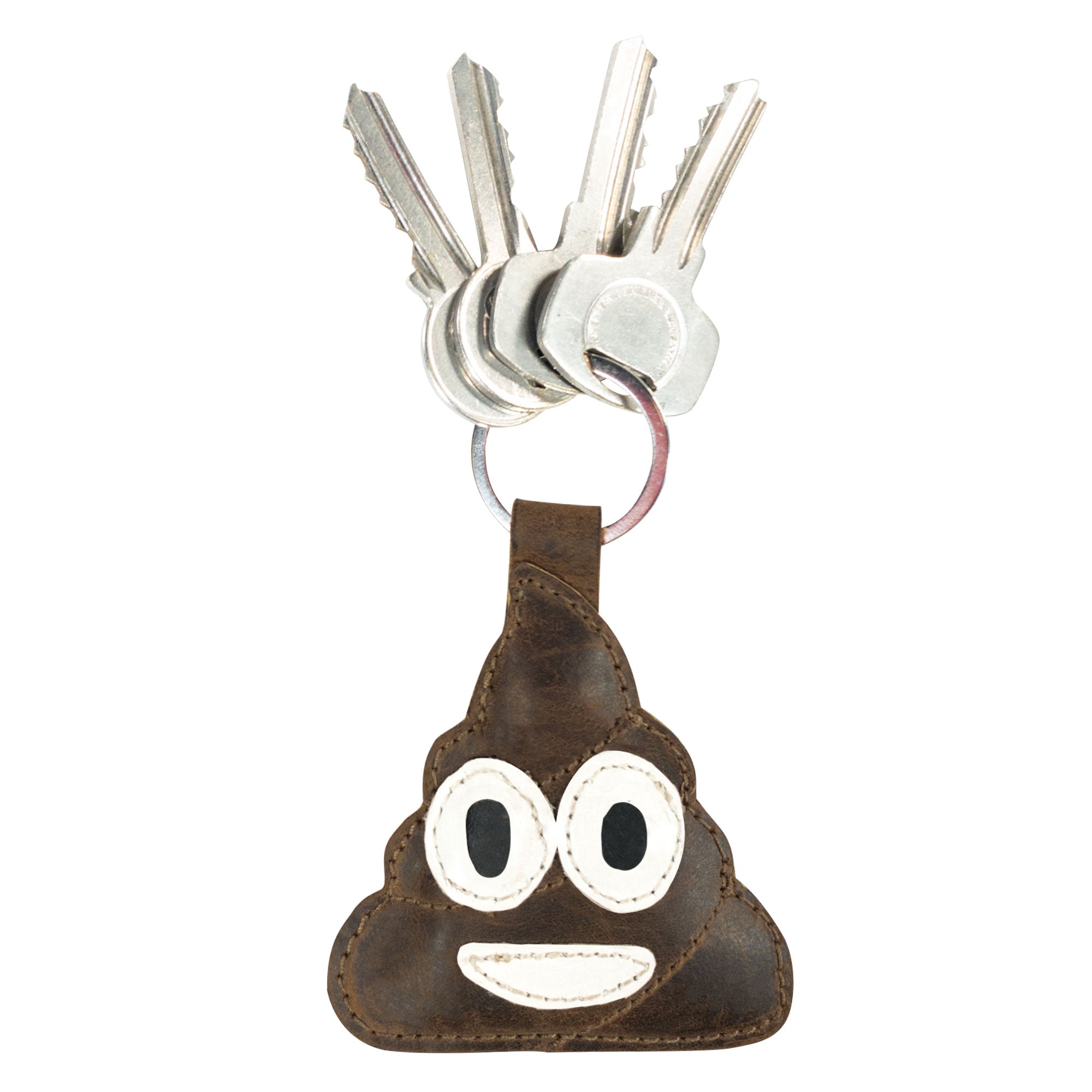 Poop Emoji Keychain from Hide & Drink featuring a playful poop emoji design. This cute leather keychain is perfect for accessories and gifts. Made of Full Grain Leather, reflecting StockyardX's commitment to Small Batch Production with hand-cut and hand-sewn craftsmanship. Fire branded and artisan-made, this product is handcrafted in La Antigua Guatemala & Oaxaca Mexico.