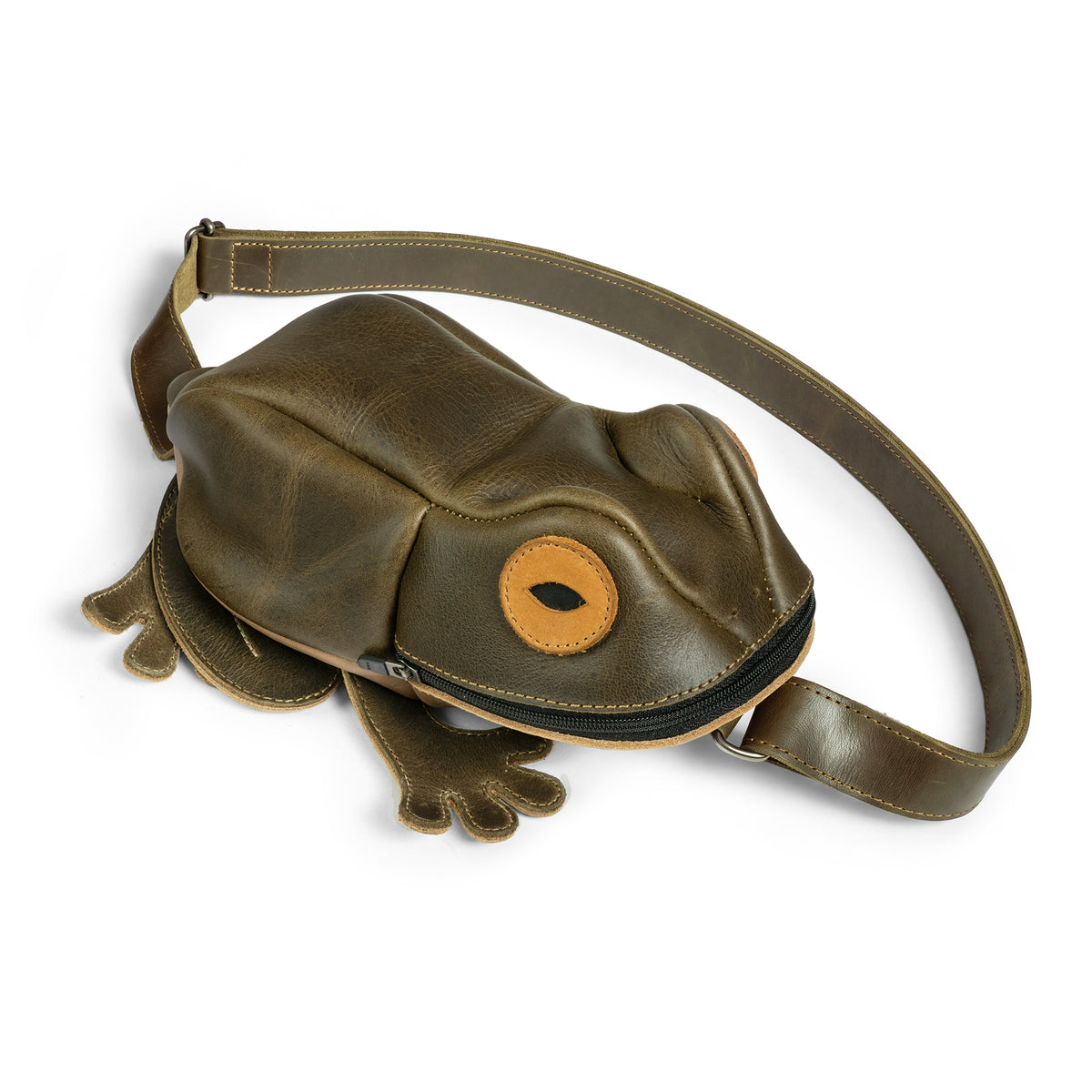 Tudi Frudi Frog Crossbody, a brown full grain leather Frog Crossbody Bag with Adjustable Shoulder Strap, Messenger Bag, Shoulder Bag, Zippered Sling Bags, Travel Backpack, Purses for Men and Women, Satchel, made through Small Batch Production, Hand Cut, Hand Sewn, Fire Branded, Artisan craftsmanship, Handmade in La Antigua Guatemala & Oaxaca Mexico by StockyardX.